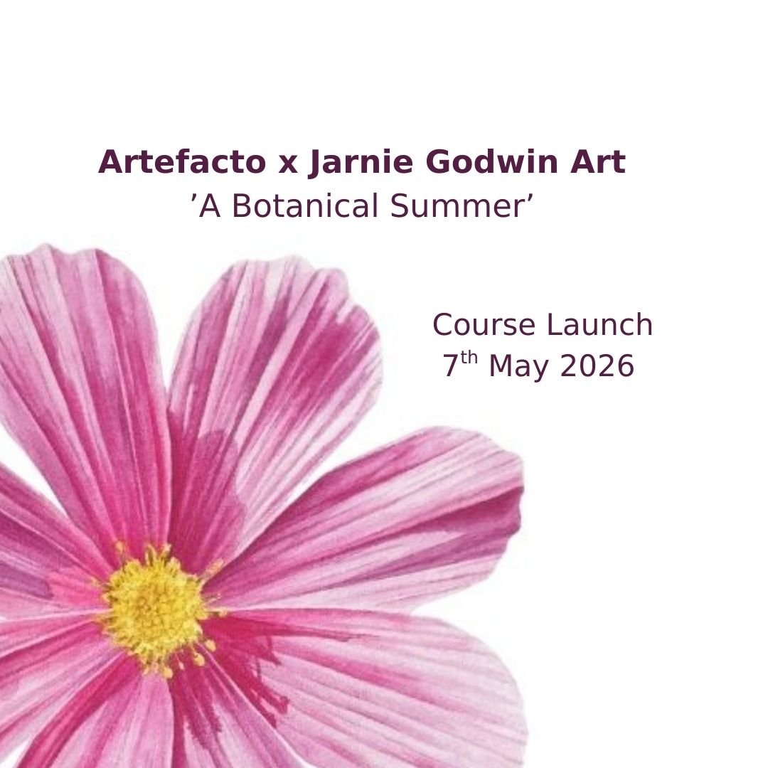 Promotion for Artefacto x Jarnie Godwin Art online tutorials titled 'A Botanical Summer' with a large pink flower and details about the launch on May 7, 2026.