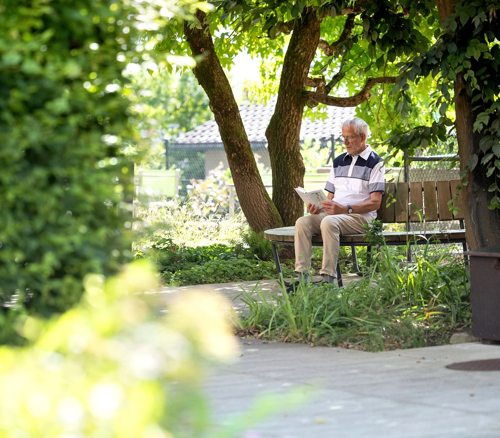 Ein Bewohner sitzt auf einer Parkbank unter einem Baum und liest ein Buch.