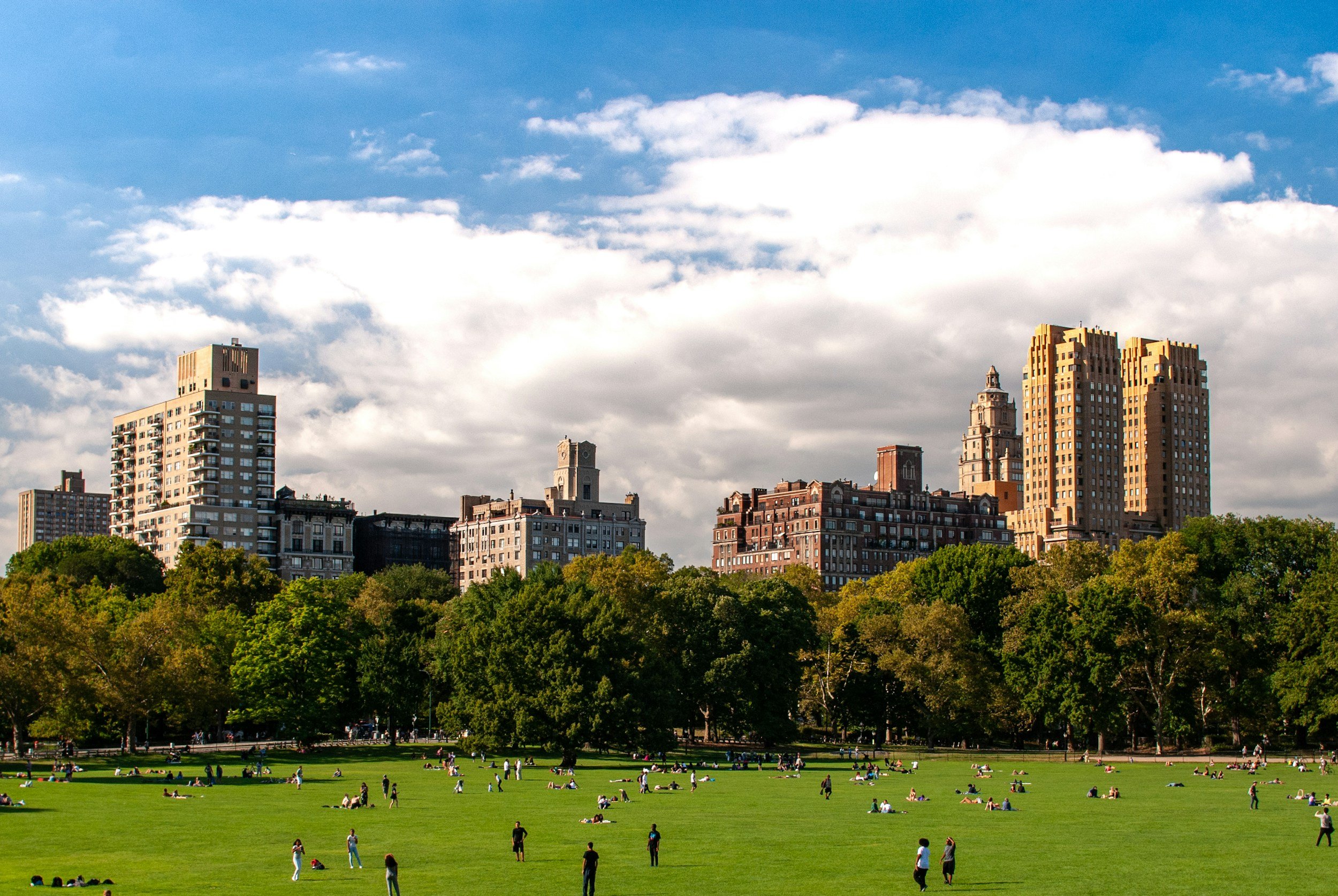 A city skyline with tall buildings behind a large green park filled with people sitting, walking, and relaxing on the grass, under a partly cloudy sky.