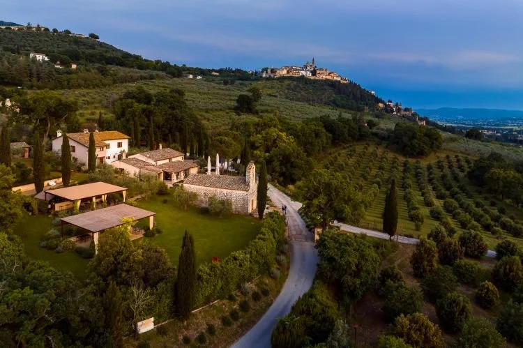 Scenic view of Italian countryside with vineyards, a few houses, a winding road, and a hilltop city or castle in the distance.