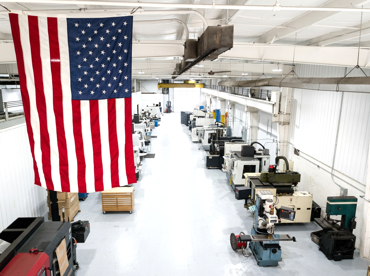 Large American flag hanging in an industrial manufacturing or machining workshop with various machines and equipment.