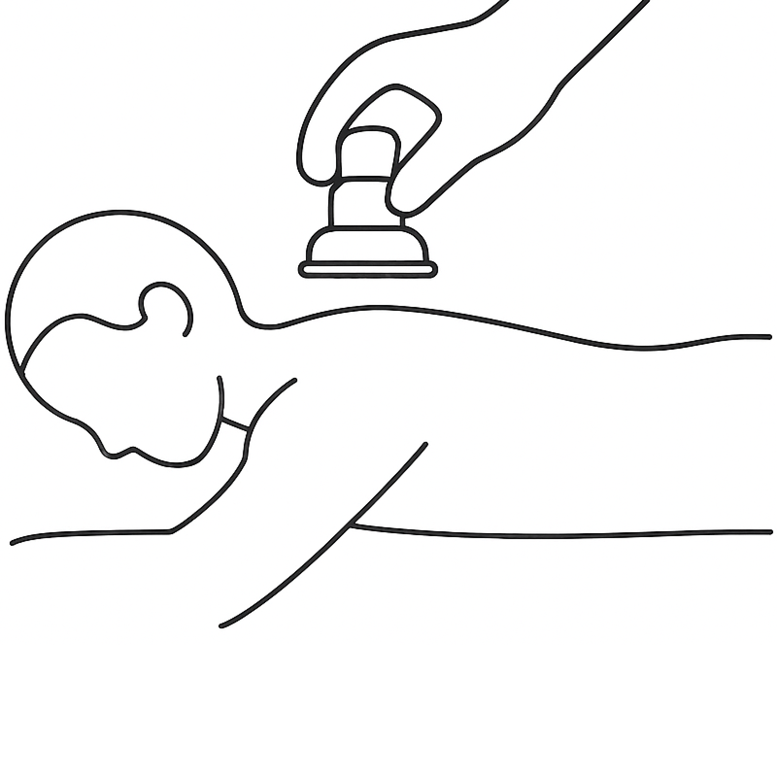 Line drawing of a person receiving a massage, lying face down on a massage table, with a hand holding a massage tool above their back