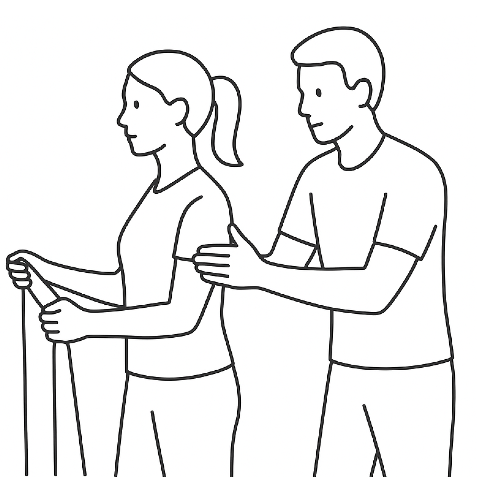 Line drawing of a man and woman walking together, the woman has a ponytail and is holding a walking stick, the man is reaching out to her with one hand.