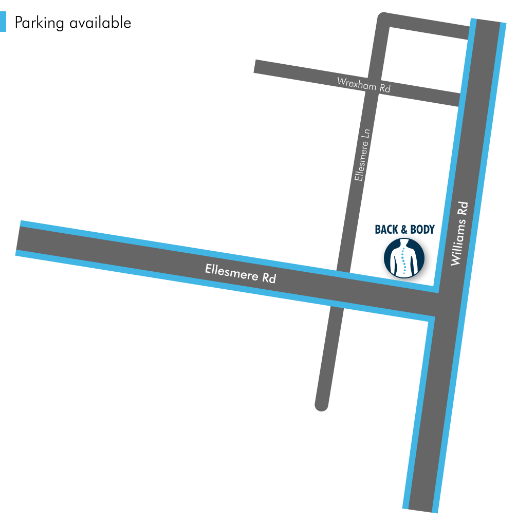 Map showing the location of Back & Body at the intersection of Ellesmere Road and Williams Road, and available street parking