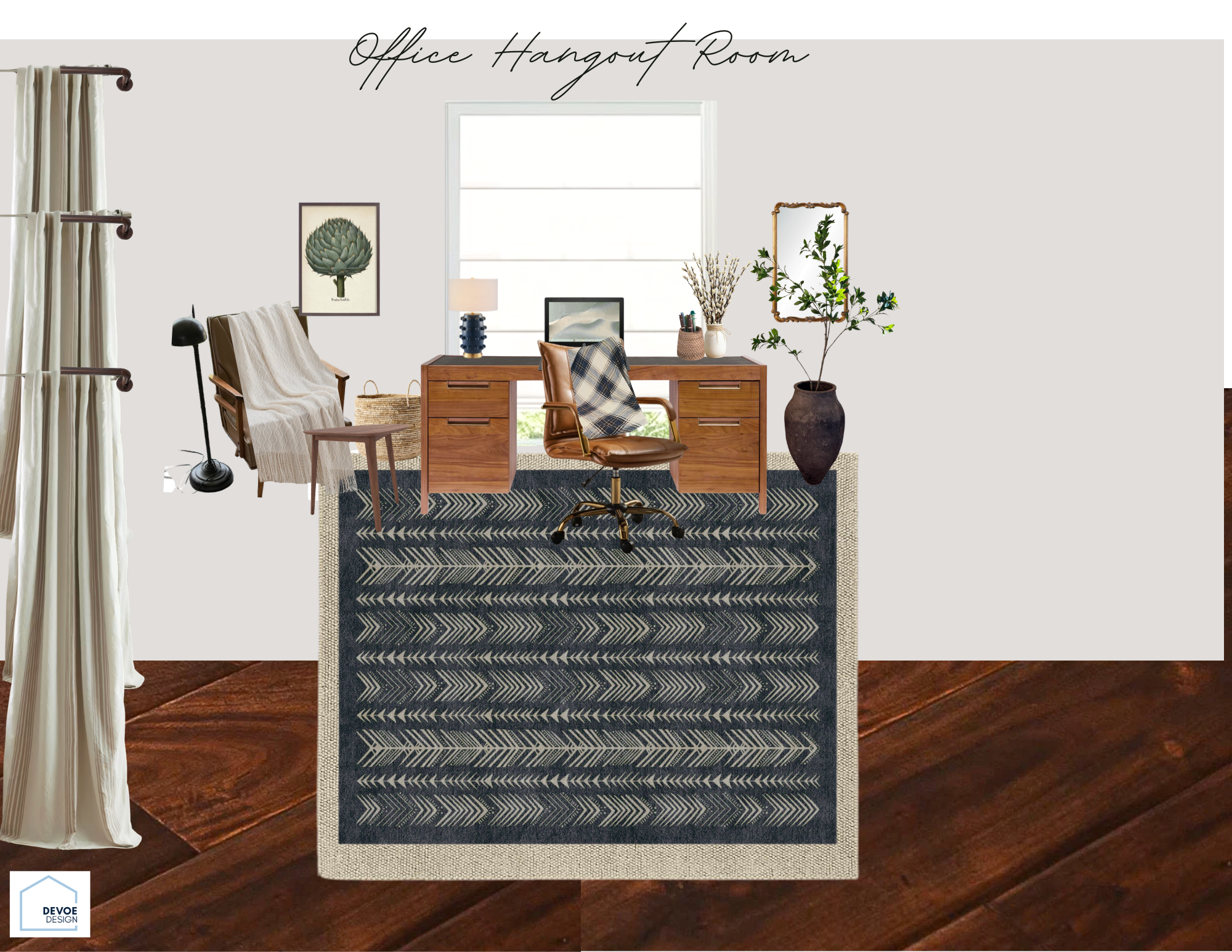 A modern office space with a wooden desk, brown leather office chair, beige armchair, black floor lamp, framed art of an artichoke, large window with white blinds, tall vase with dried flowers, gold-framed mirror with green plant, and a black and whi