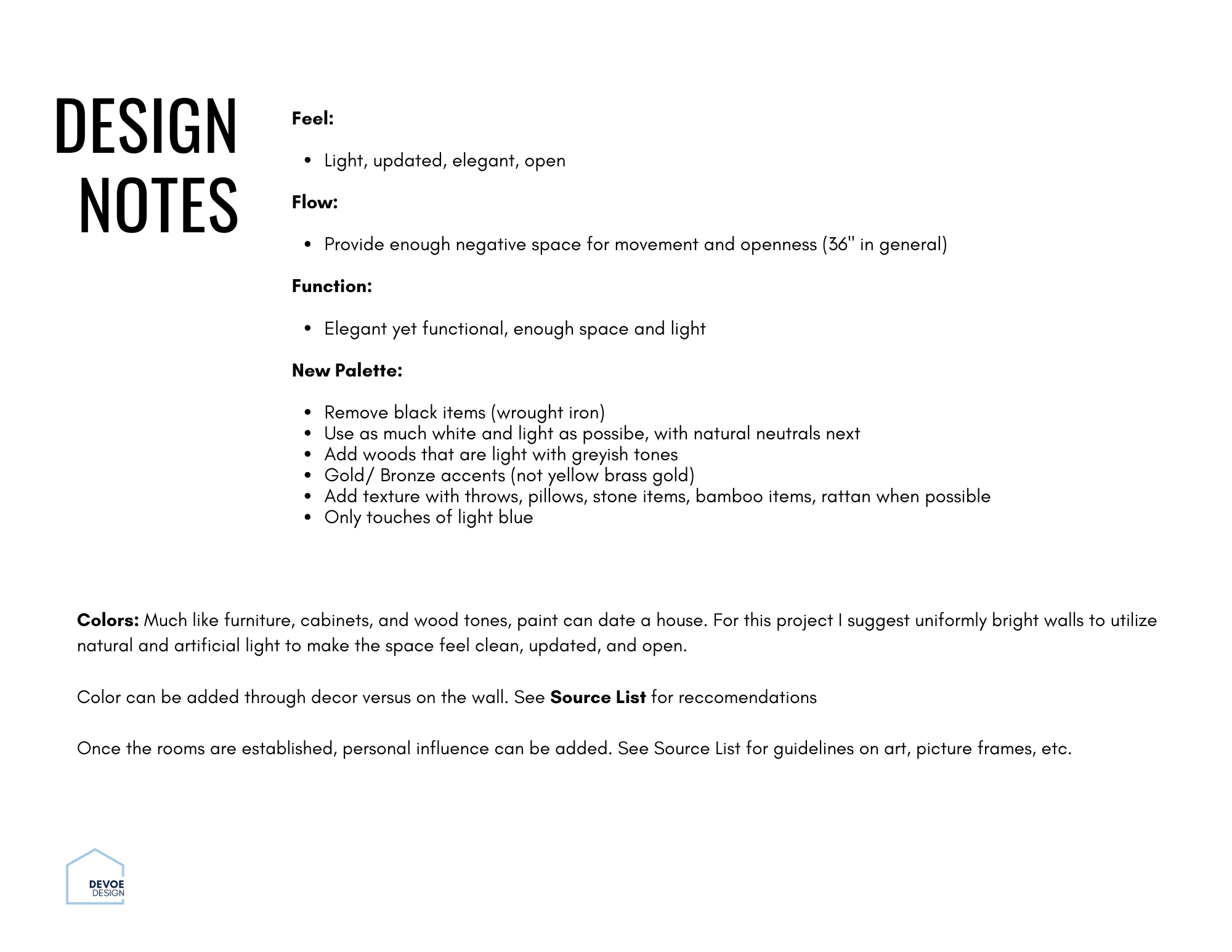 A document titled 'Design Notes' with sections on Feel, Flow, Function, New Palette, and Colors, featuring design guidelines for interior decoration and color schemes.