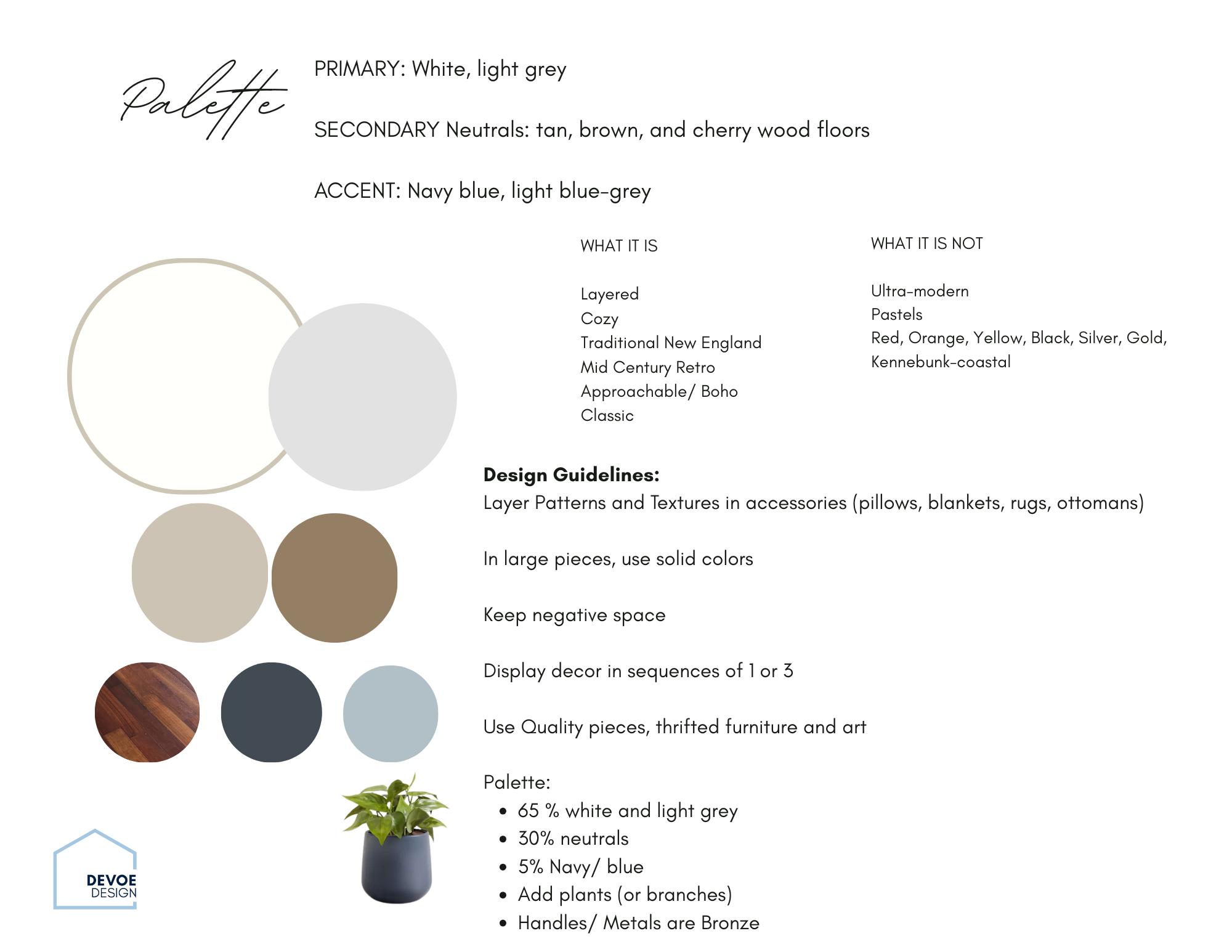 Design style guidelines and color palette for an interior design project, including descriptions of color schemes, layering, and decoration principles.