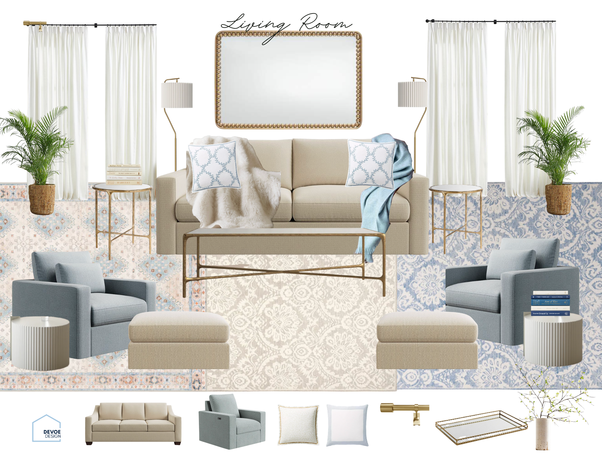 Interior design mood board with neutral tones, featuring a beige sofa with blue and white throw pillows, two gray armchairs, side tables, a large mirror, potted plants, and various decor items.
