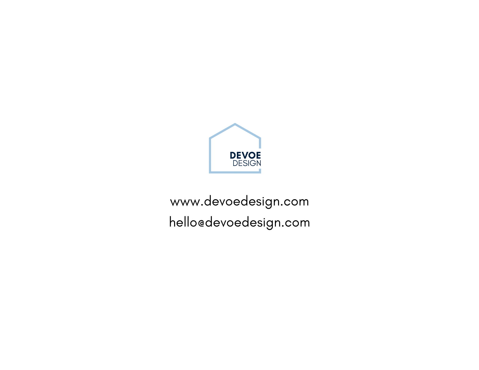 DeVoE Design logo with a house shape outline and contact information