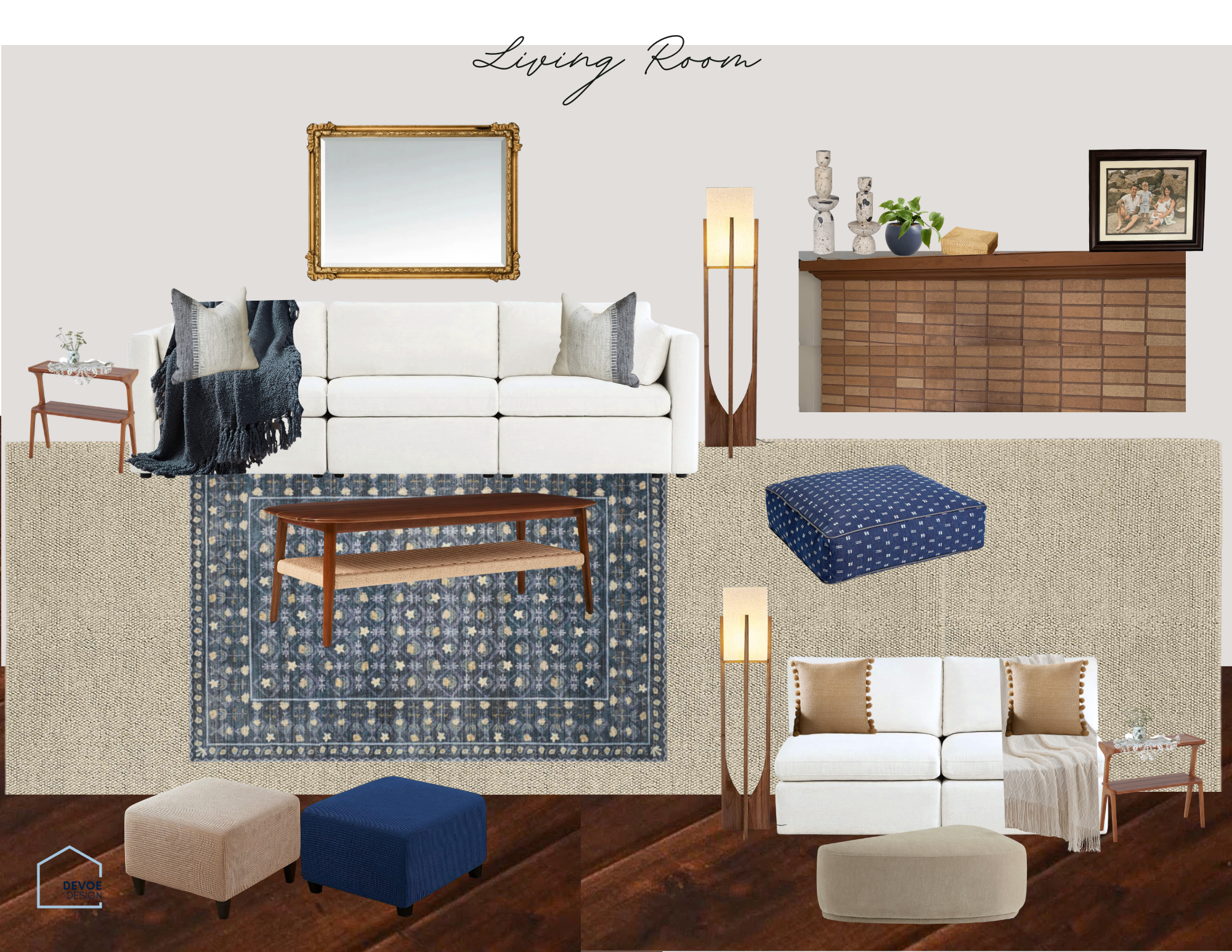 Living room with white sofa, wooden coffee table, patterned blue rug, beige and blue ottomans, fireplace with decorative objects and framed photograph, tall floor lamp, side table with plant, wall mirror, and wall sign reading 'Living Room'.
