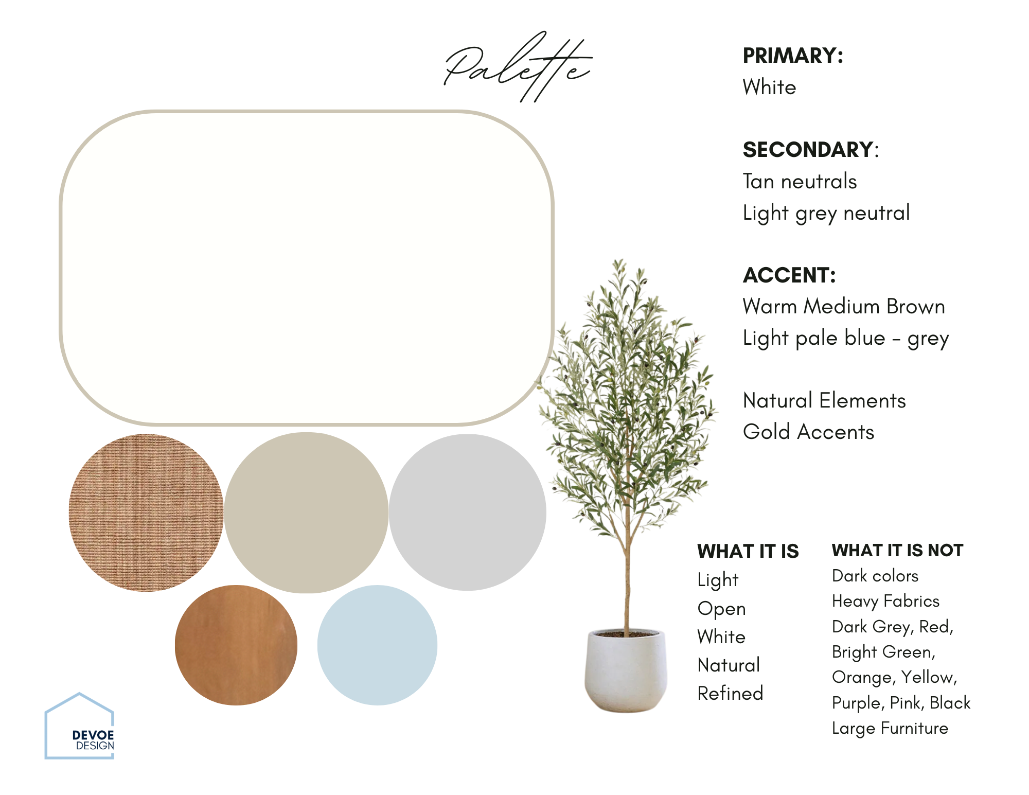 A color palette chart with the title "Palette" at the top. It features a large empty beige-colored square for displaying a chosen color. To the right, there are sections describing the primary, secondary, and accent colors, with visual examples inclu