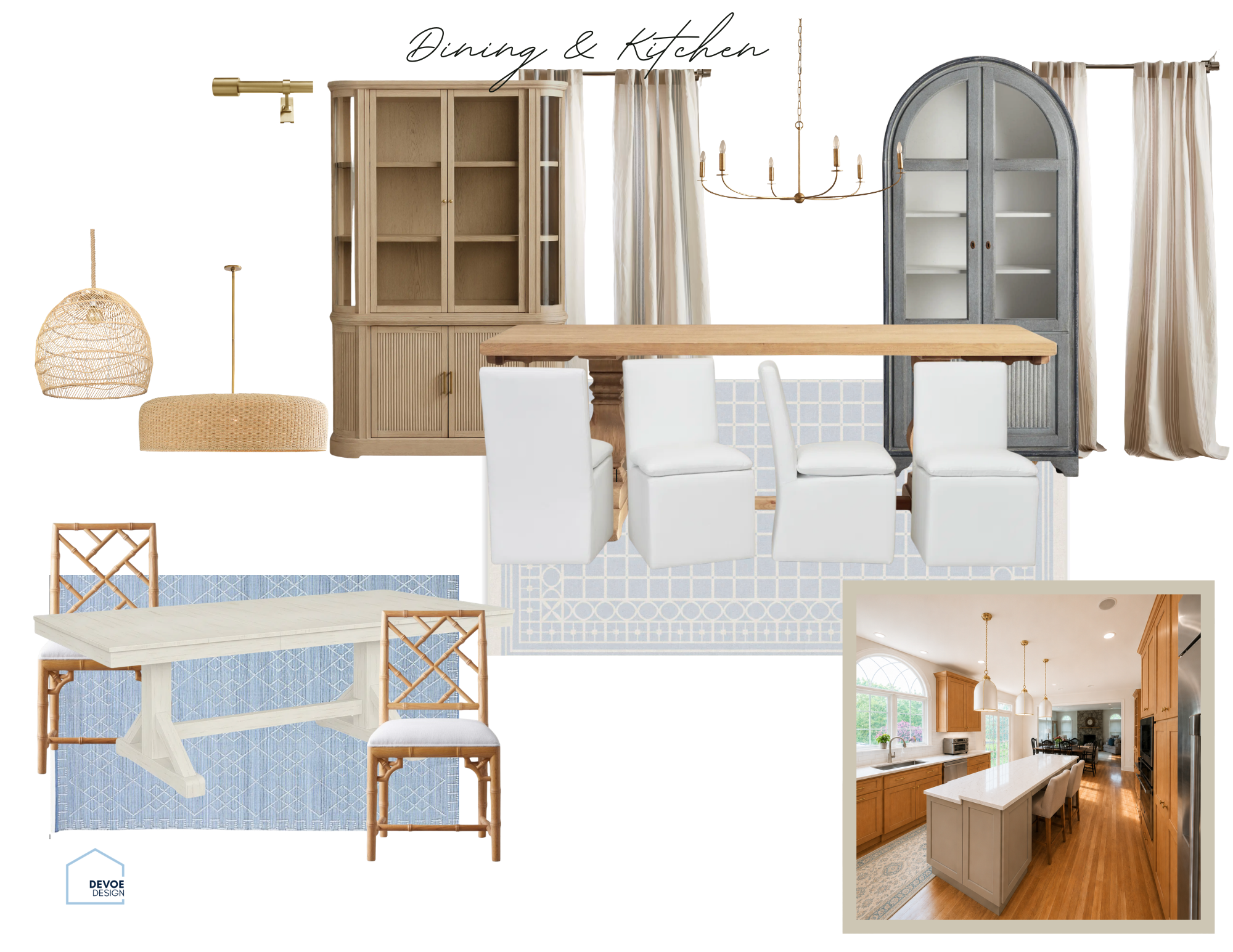 A collage of interior decor and furniture, including a kitchen and dining area with wooden cabinets, a dining table, white chairs, and pendant lighting.