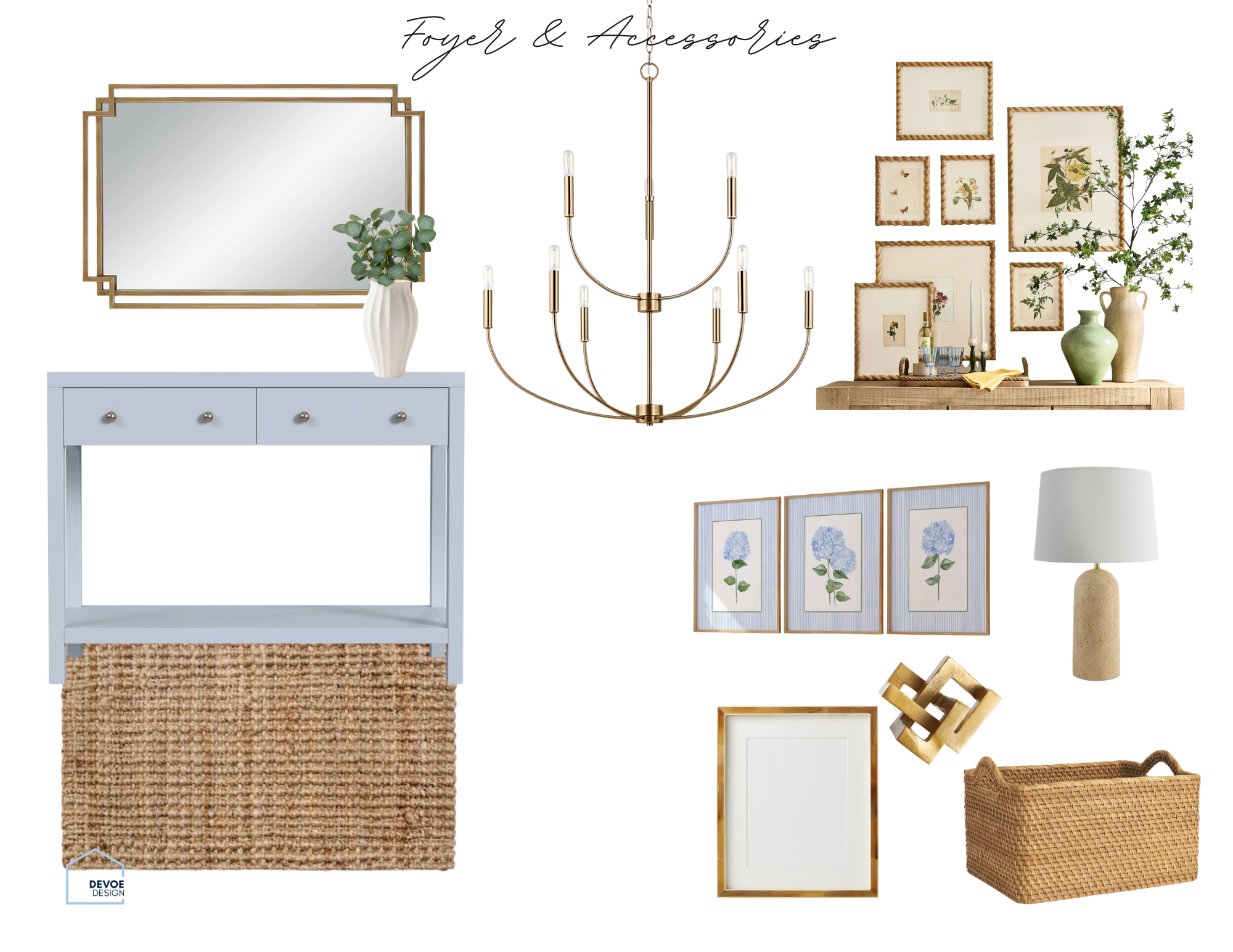 A collection of home decor items including a rectangular mirror with gold borders, a light blue console table, a white vase with green eucalyptus, a gold chandelier with candle-like bulbs, a wall arrangement of six framed botanical prints with rope-t
