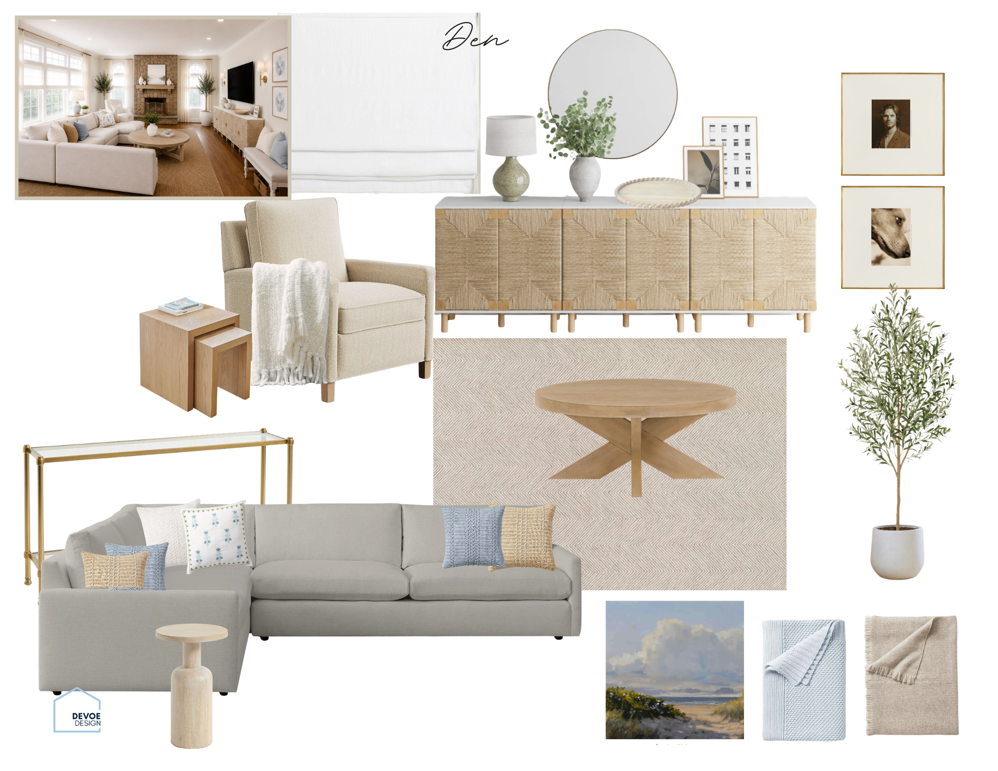Living room interior with white sectional sofa, patterned throw pillows, and a gold floor lamp, decorated with framed art and plants for a modern, cozy ambiance.