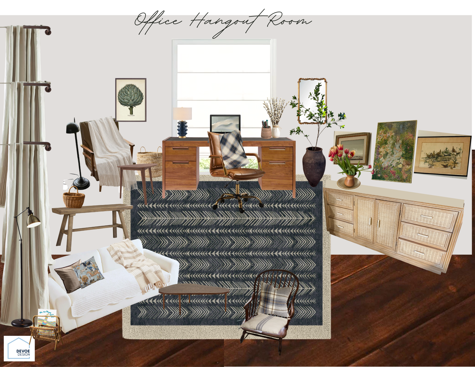 Decorative office room with a wooden desk, leather and fabric chairs, framed artwork, plants, and a patterned rug on hardwood flooring.