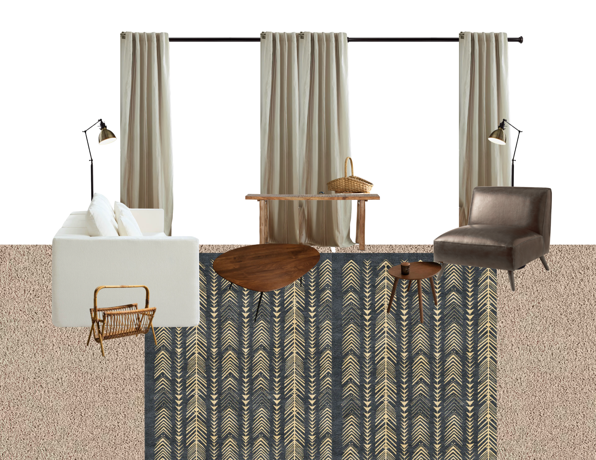 Interior living room with beige carpet, black and beige patterned rug, white sofa, brown leather chair, wooden coffee and side tables, woven basket, beige curtains on black rods, two black floor lamps with metallic shades.