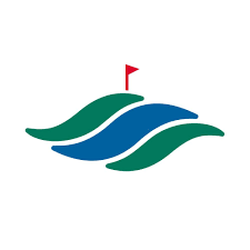 Ein stilisiertes Logo mit Wellen in Grün und Blau, einem roten Fahnenmast mit Flagge