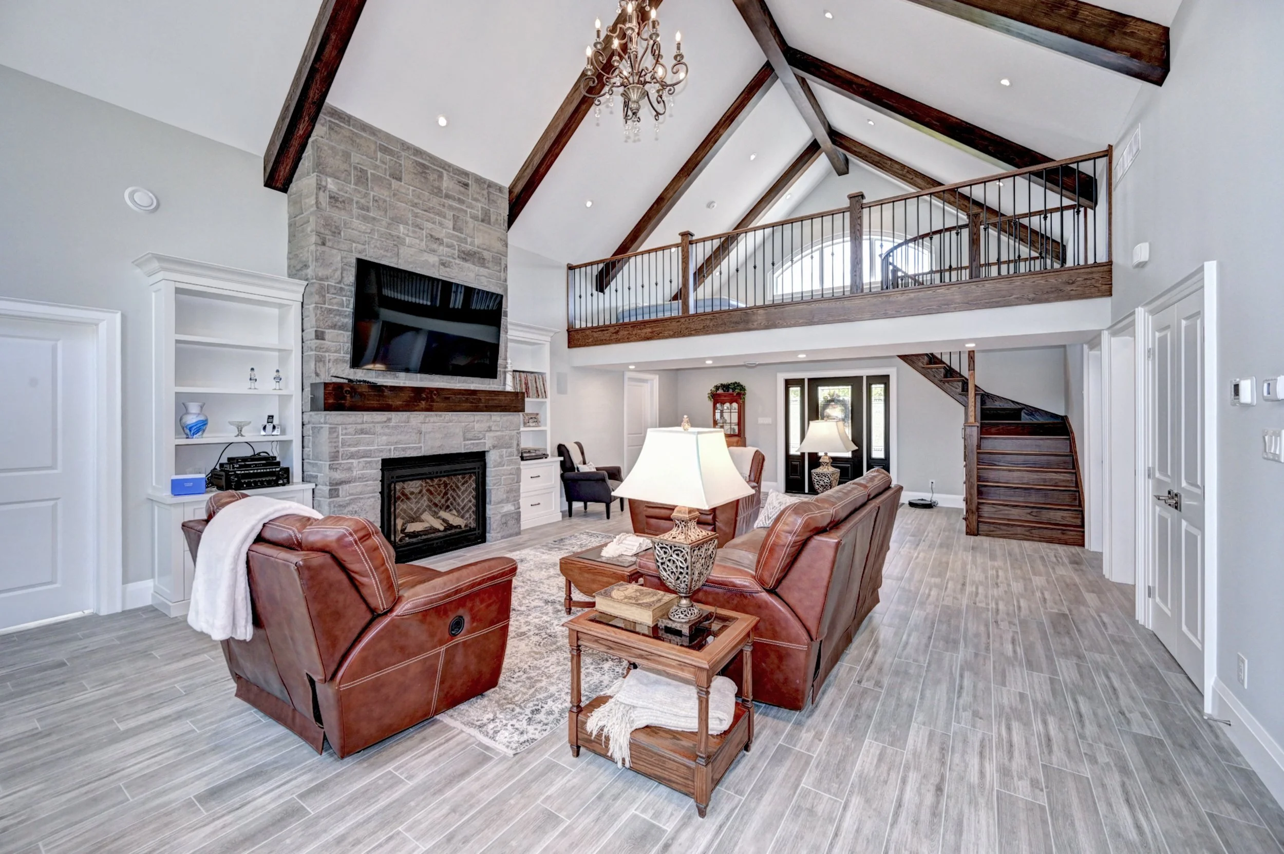 interior wide shot of living room and loft