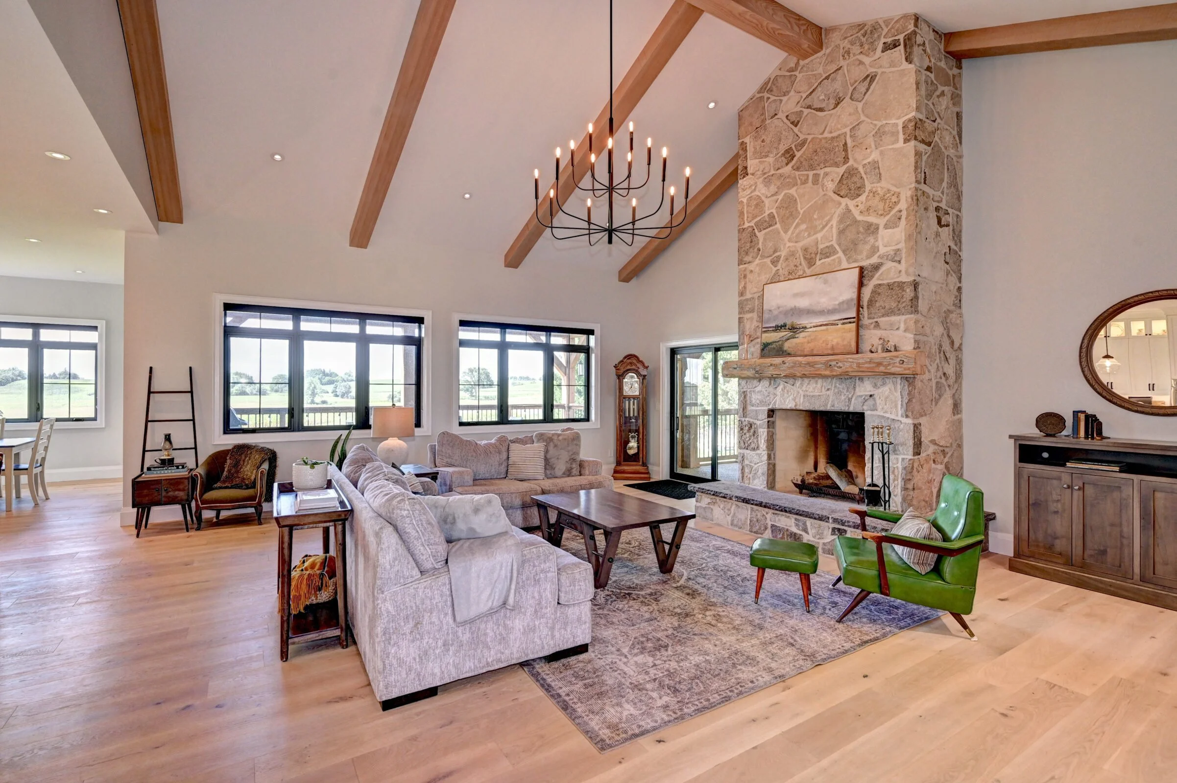 interior shot of living room highlighting  ceiling beams