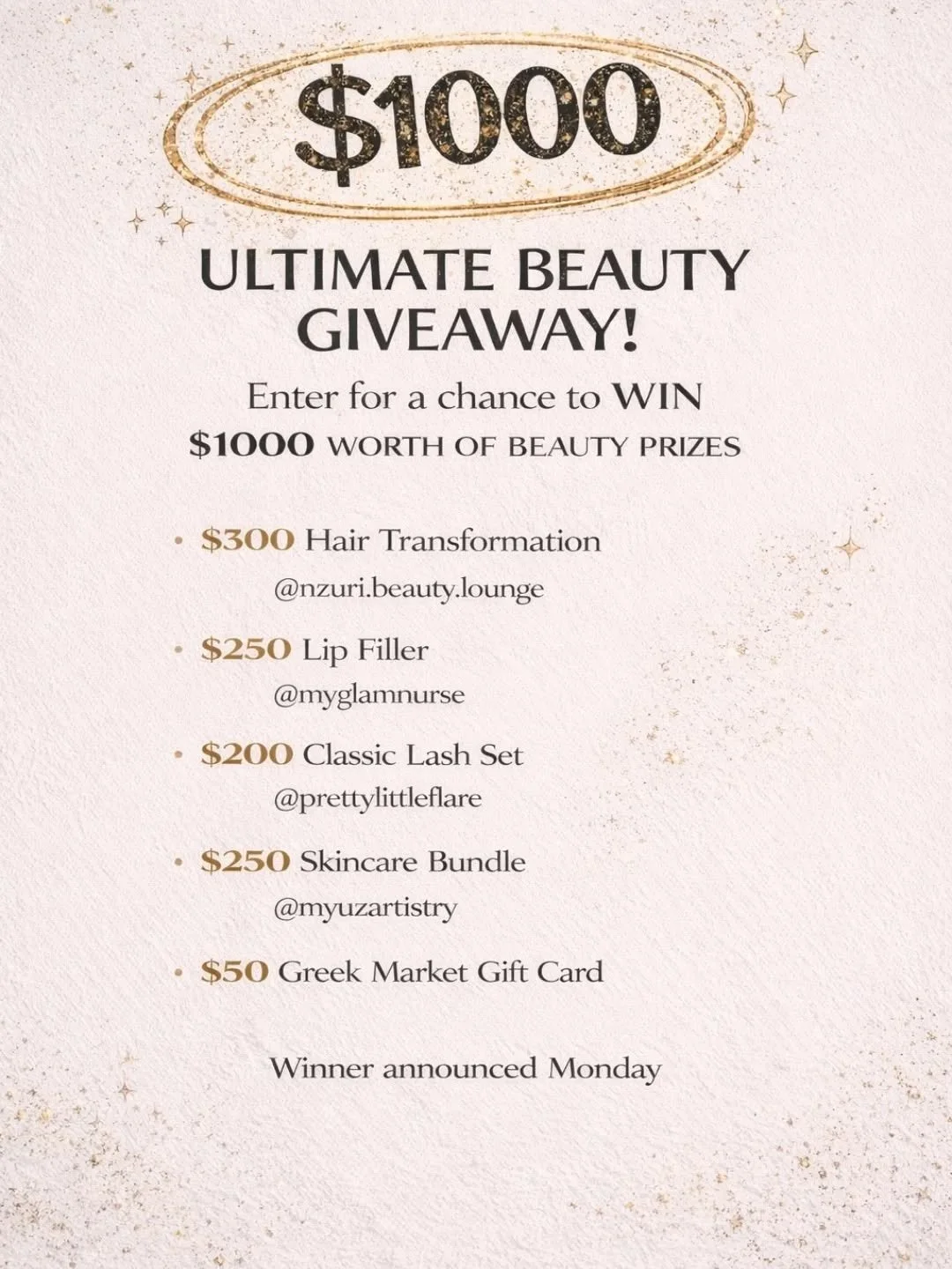✨ GIVEAWAY TIME ✨
Ok y'all this is a BIG one!! In lieu of our 1-year anniversary we're giving away the ultimate Beauty package! We've teamed up with all our beauty industry friends for a huge giveaway! 

Win
$300 hair transformation at @nzuri.beauty.