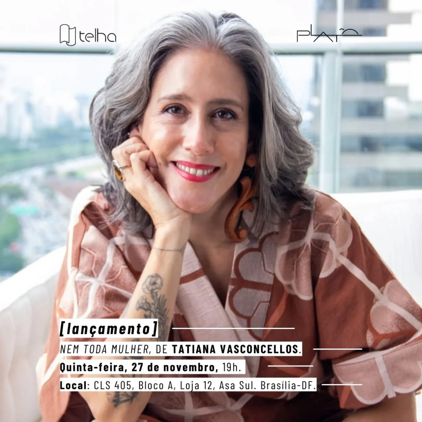 Tatiana Vasconcellos estar&aacute; na Plat&ocirc; no dia 27 de novembro, quinta-feira, para lan&ccedil;ar a sua obra &quot;Nem toda mulher&quot;. Ela ainda conversar&aacute; com a jornalista Nat&aacute;lia Andr&eacute;. Imperd&iacute;vel. 

Tatiana V