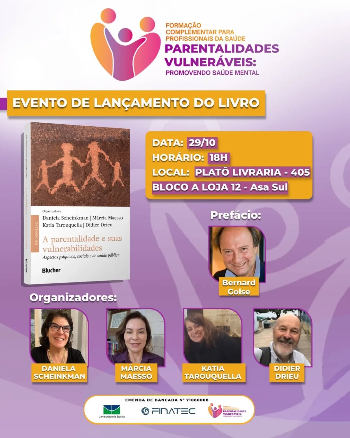 Plat&ocirc; e autores convidam para o lan&ccedil;amento do livro &ldquo;A parentalidade e suas vulnerabilidades: aspectos ps&iacute;quicos, sociais e de sa&uacute;de p&uacute;blica&rdquo;, que re&uacute;ne reflex&otilde;es e estudos sobre os desafios