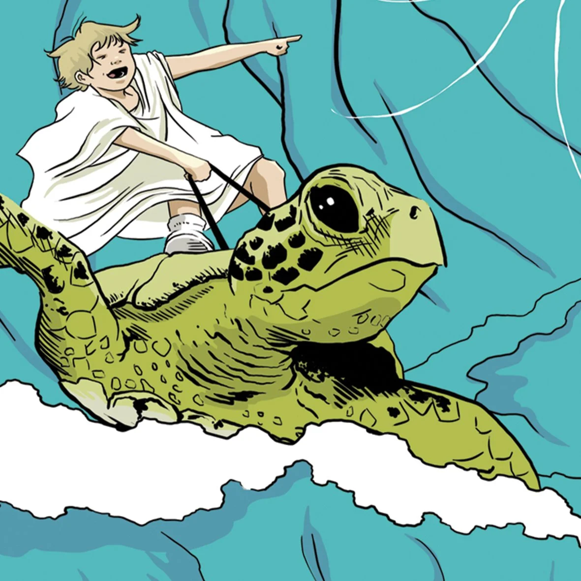 girl riding sea turtle waves comic book illustration drawing