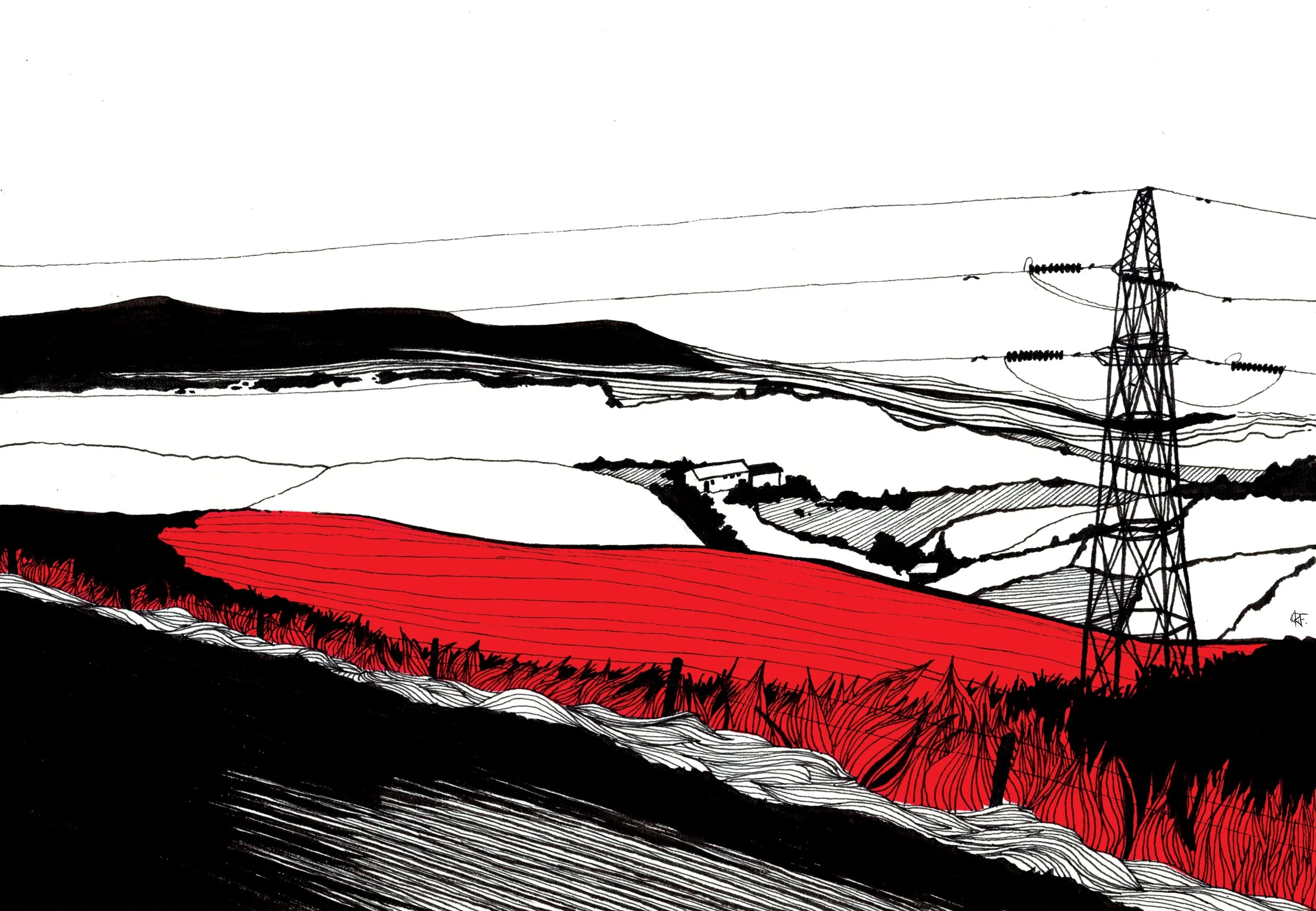 yorkshire scene roadside fields drawing illustration plasticbaginatree