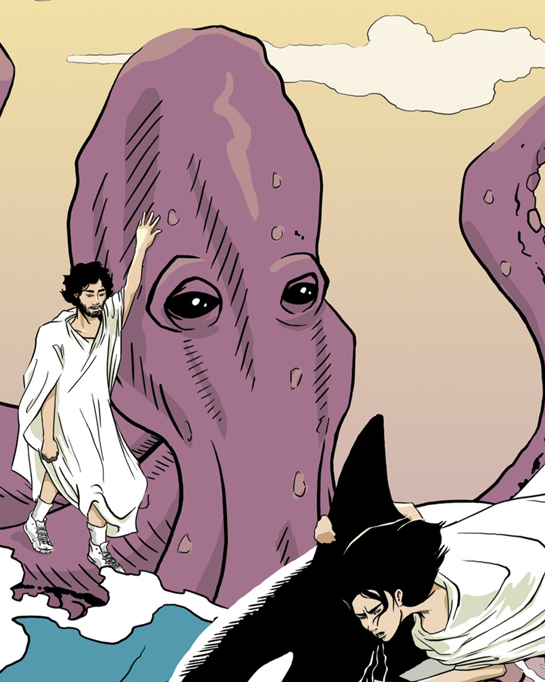 sea scene orca whale giant octopus sea turtle personalised bespoke birth card illustration comic book drawing