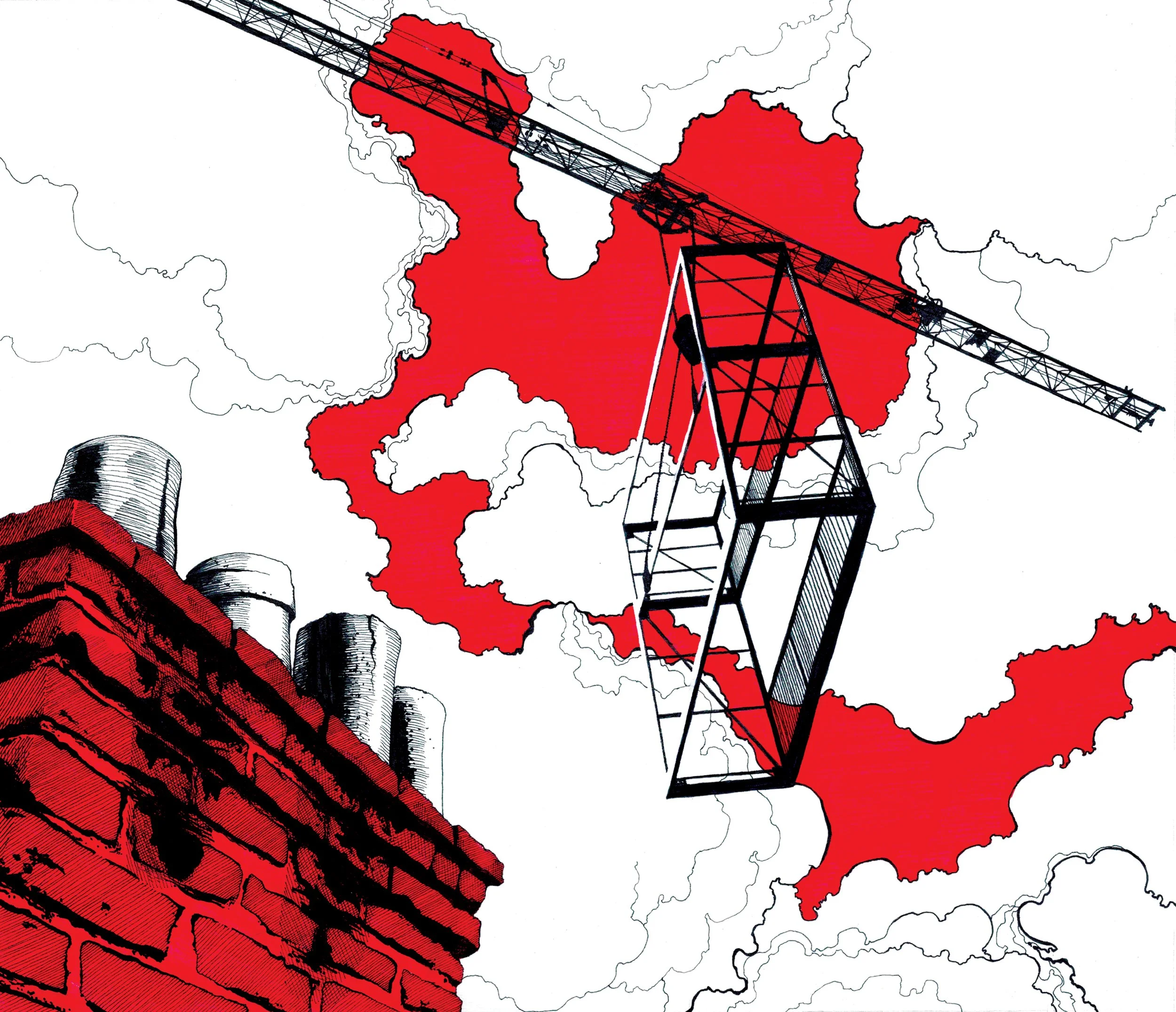 chimney stack crane cross hatching drawing illustration plasticbaginatree