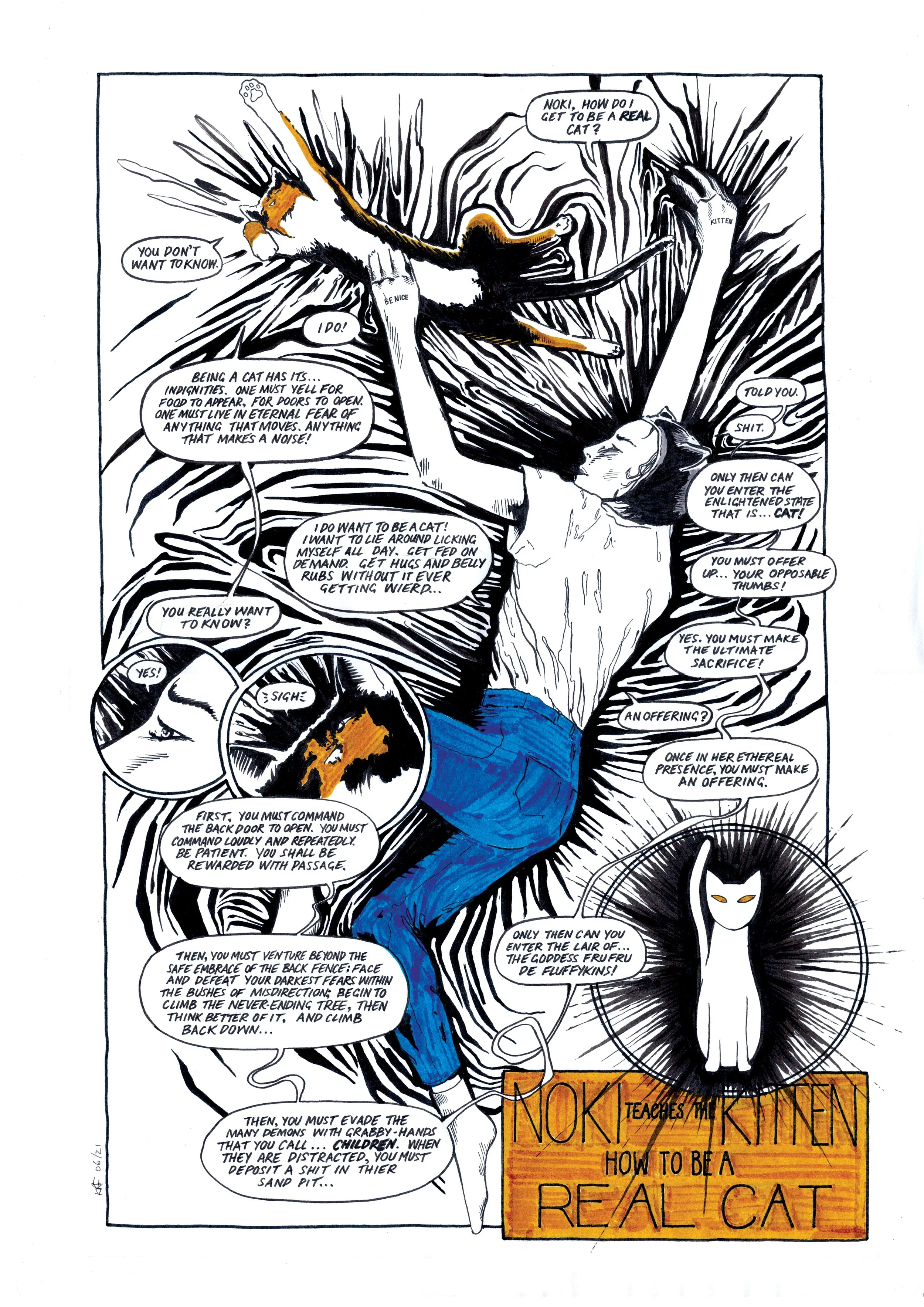 cat comic book illustration drawing woman in cat hat plasticbaginatree