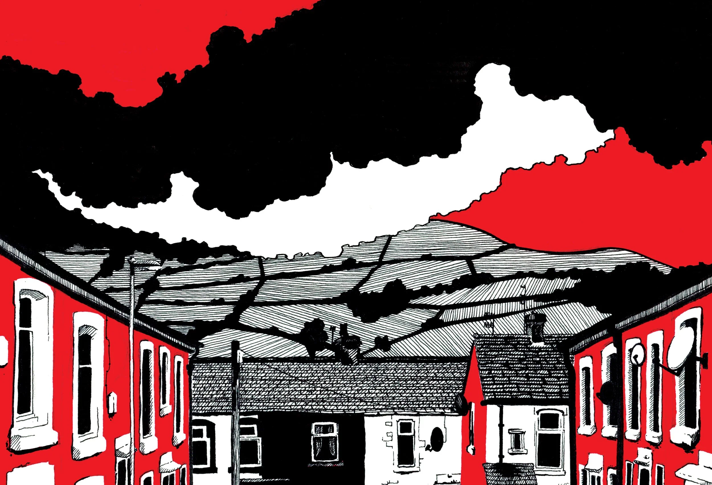 Yorkshire street houses fields sky drawing illustration plasticbaginatree