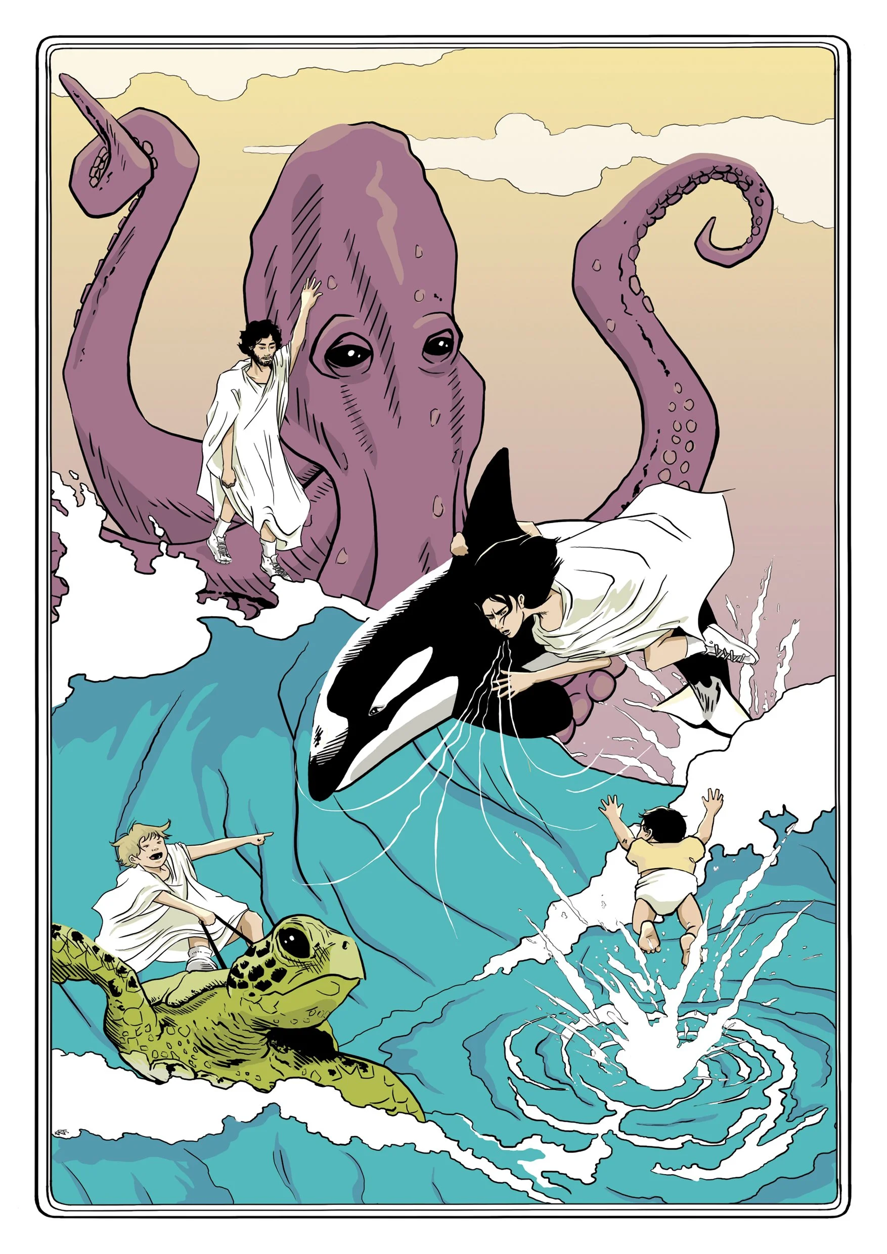 sea scene orca whale giant octopus sea turtle personalised bespoke birth card illustration comic book drawing
