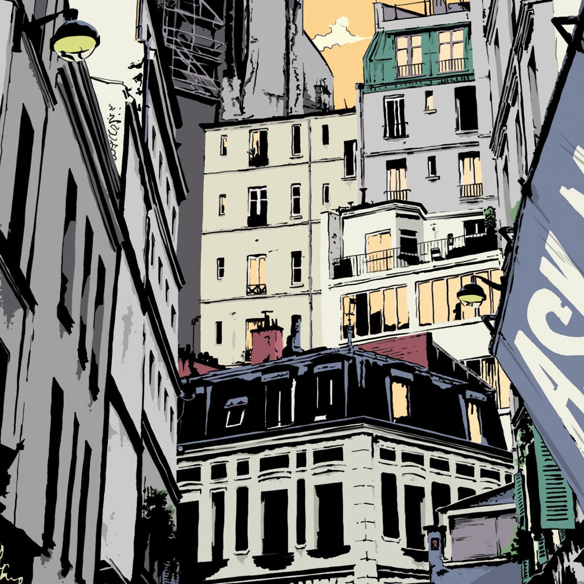 Paris buildings comic book illustration drawing detail