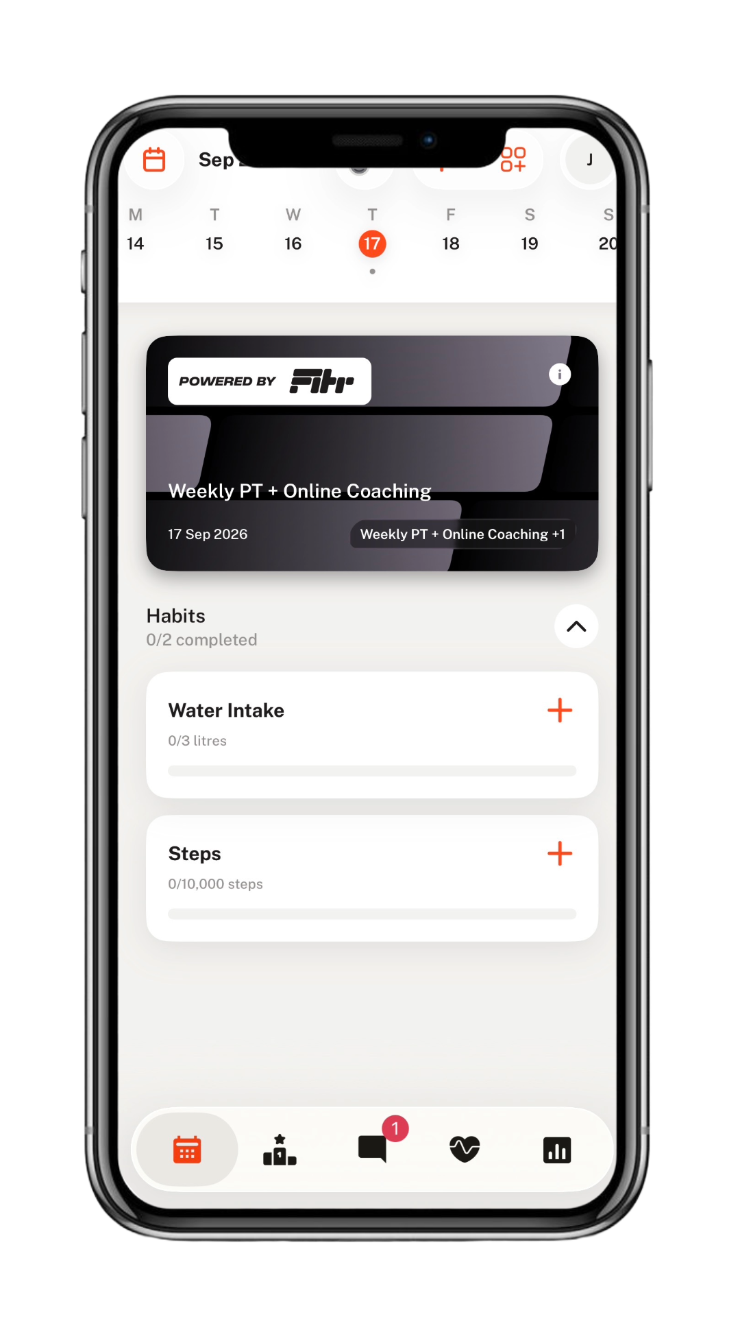 Smartphone displaying a fitness app with a calendar, workout schedule, and habit tracker for water intake and steps during September 17, 2026.