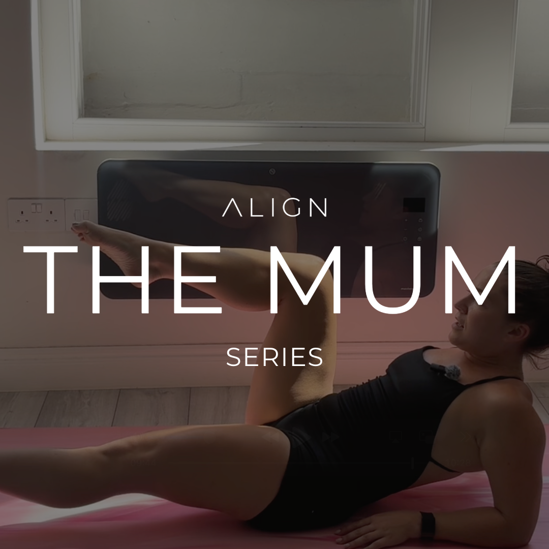 Woman doing a leg lift exercise on a yoga mat in a home gym, with the text 'ALIGN THE MUM SERIES' overlaid.