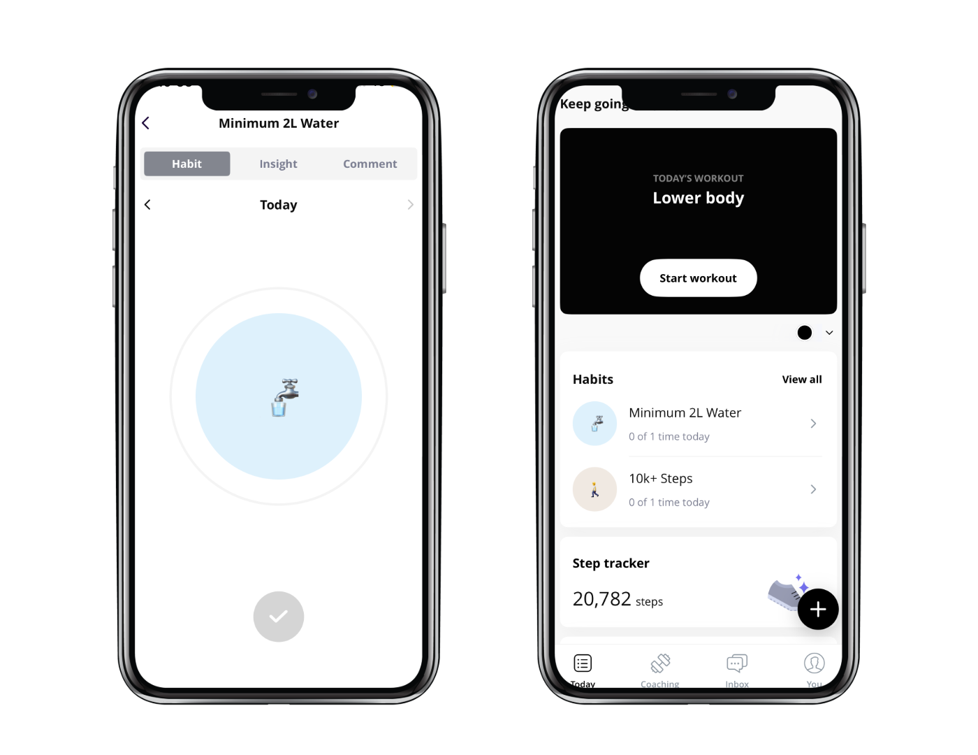 Screenshots of a health and fitness app on a smartphone, showing a water intake habit and a lower body workout prompt.