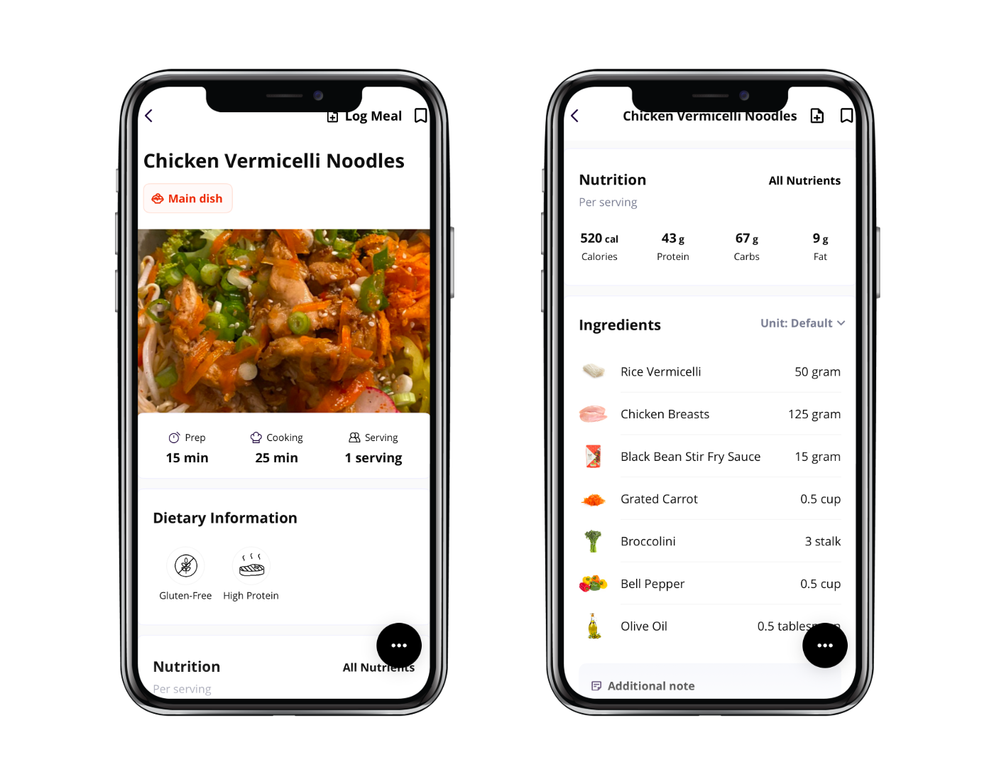 Mobile app screens displaying a recipe for chicken vermicelli noodles, including ingredients, nutrition, prep time, cooking time, and servings.