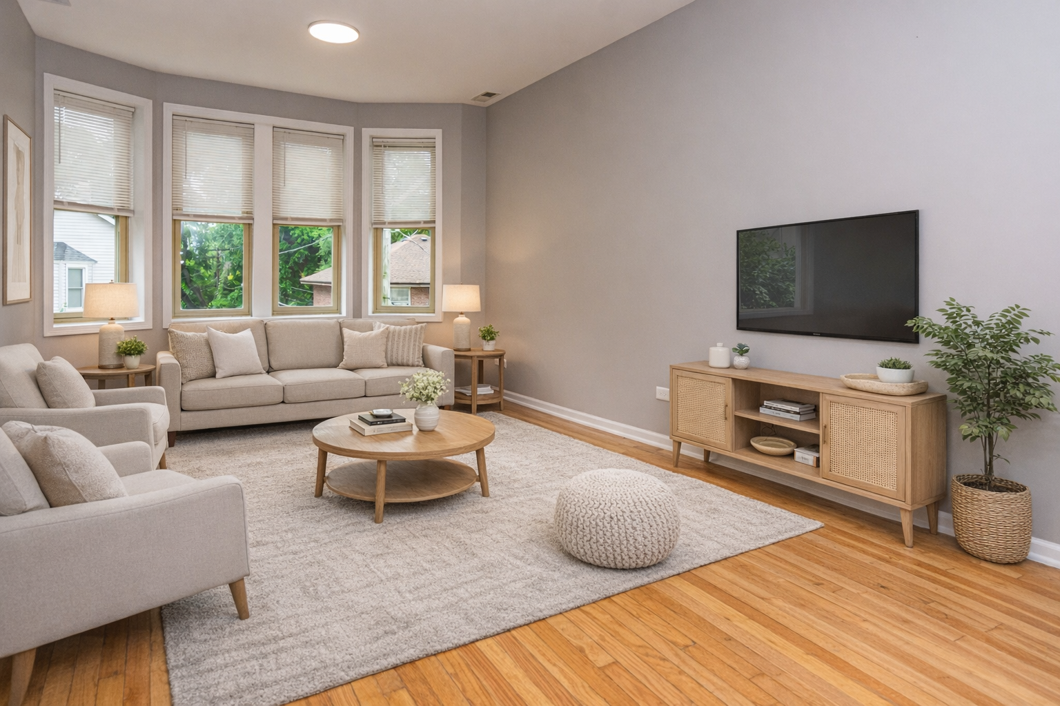 Living room with beige sofas, a round wooden coffee table, a textured pouf, a wooden TV stand, a flat-screen TV, and large windows with blinds, decorated with potted plants, lamps, and framed pictures.