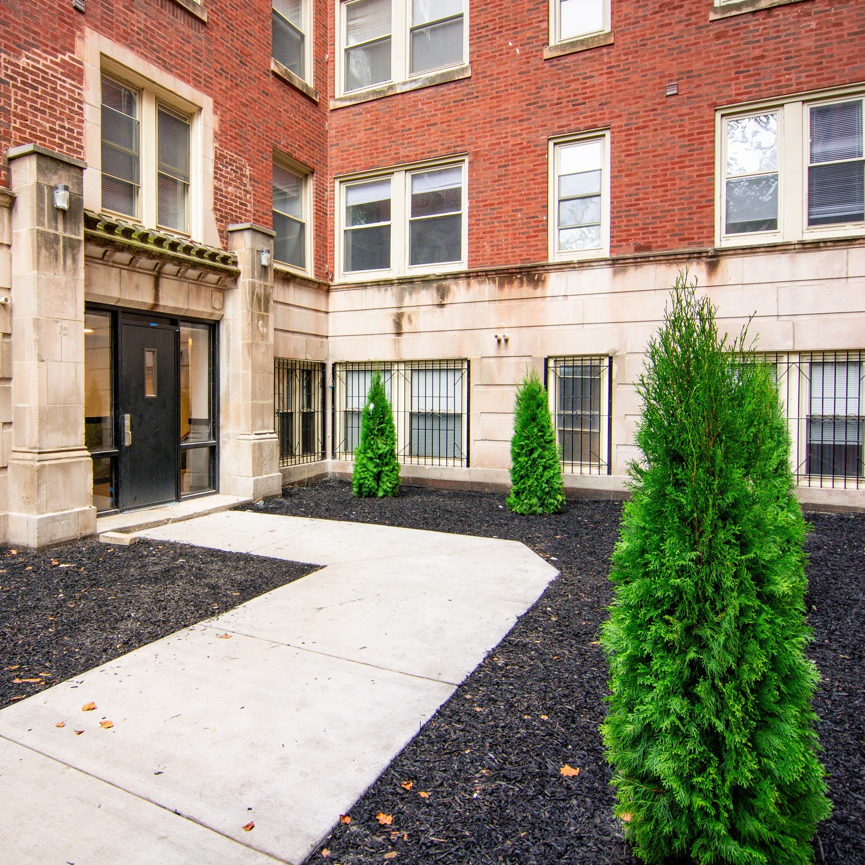The image shows the exterior of a brick apartment building with a small landscaped area in front. There are four green evergreen bushes lining the sidewalk and a black door with a window on the left side of the building.