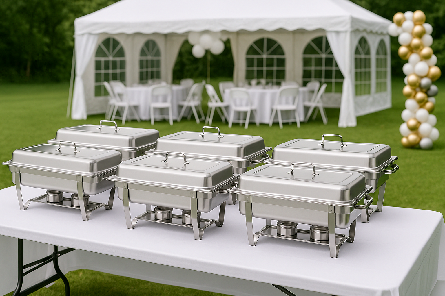 Buffet table with five stainless steel chafing dishes at an outdoor event with a decorated white tent and tables in the background.