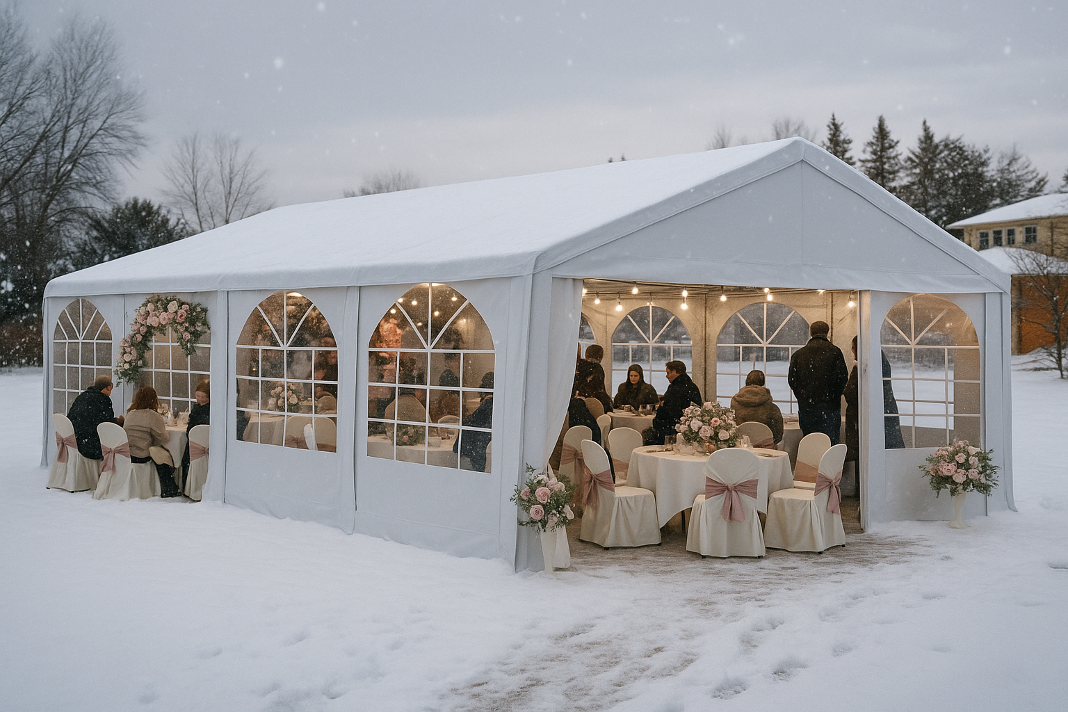 A white event tent set up outdoors in a snowy landscape, decorated with floral arrangements, floral tied chairs, and string lights, containing tables and people celebrating inside.