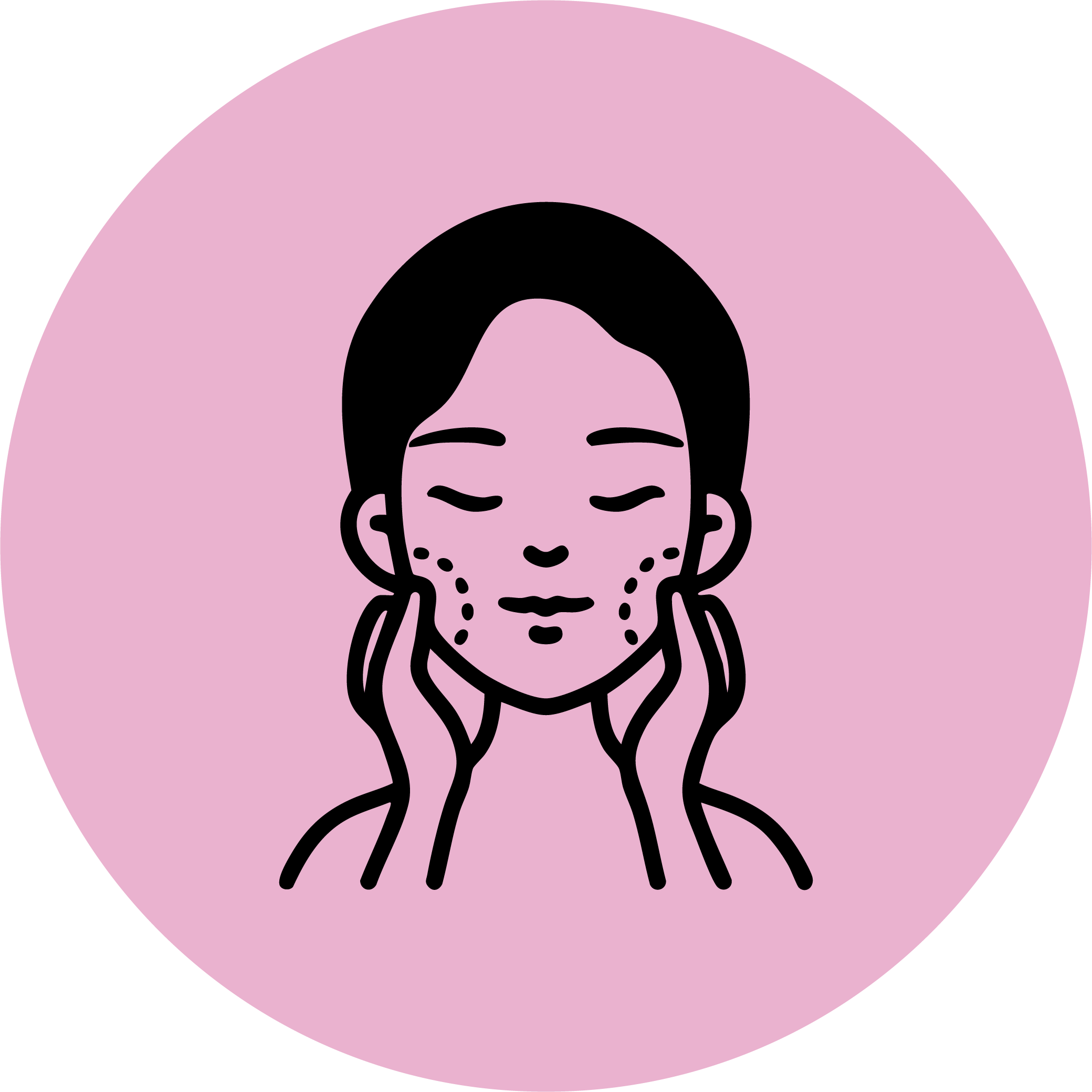 Illustration of a woman with eyes closed, touching her face, showing facial massage or skincare routine, on a pink circular background.