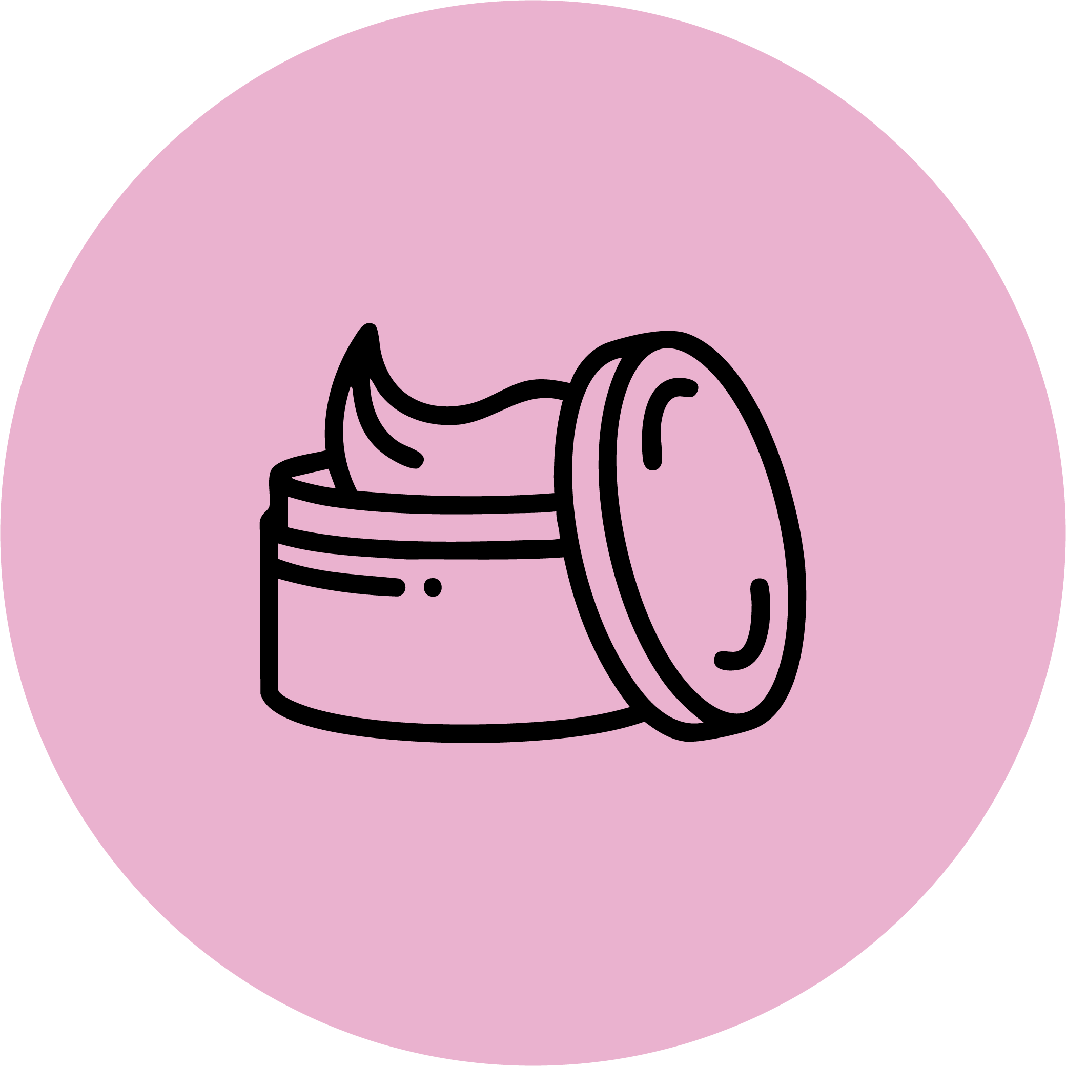 Line drawing of a round container with a lid, slightly open, revealing cream or ointment inside, set against a pink circular background.