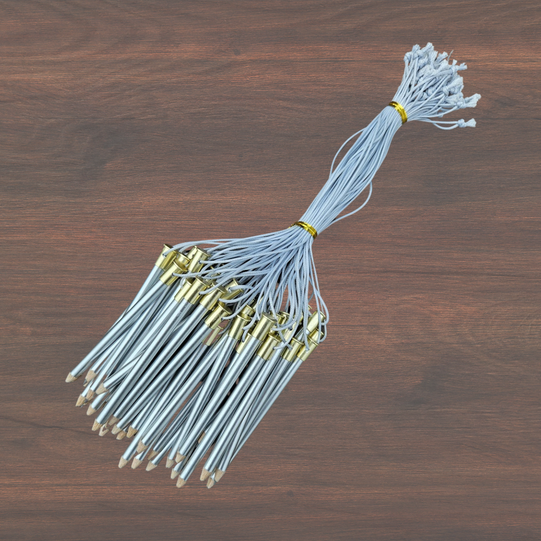 Dance Card Pencils – SILVER (packs of 50) with gold cap & SILVER string
