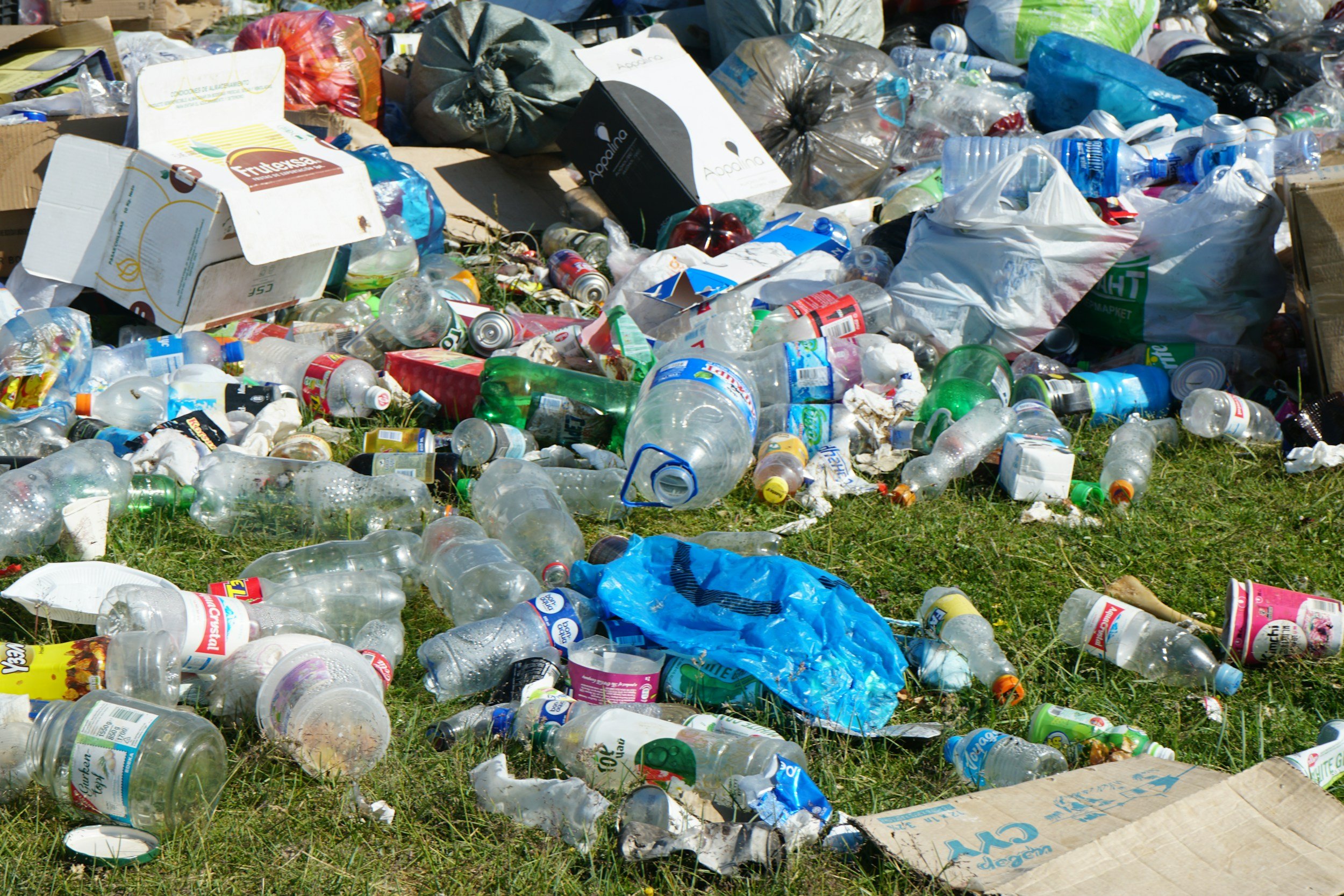 A large pile of trash on grass, primarily consisting of plastic bottles, cans, and cardboard boxes.