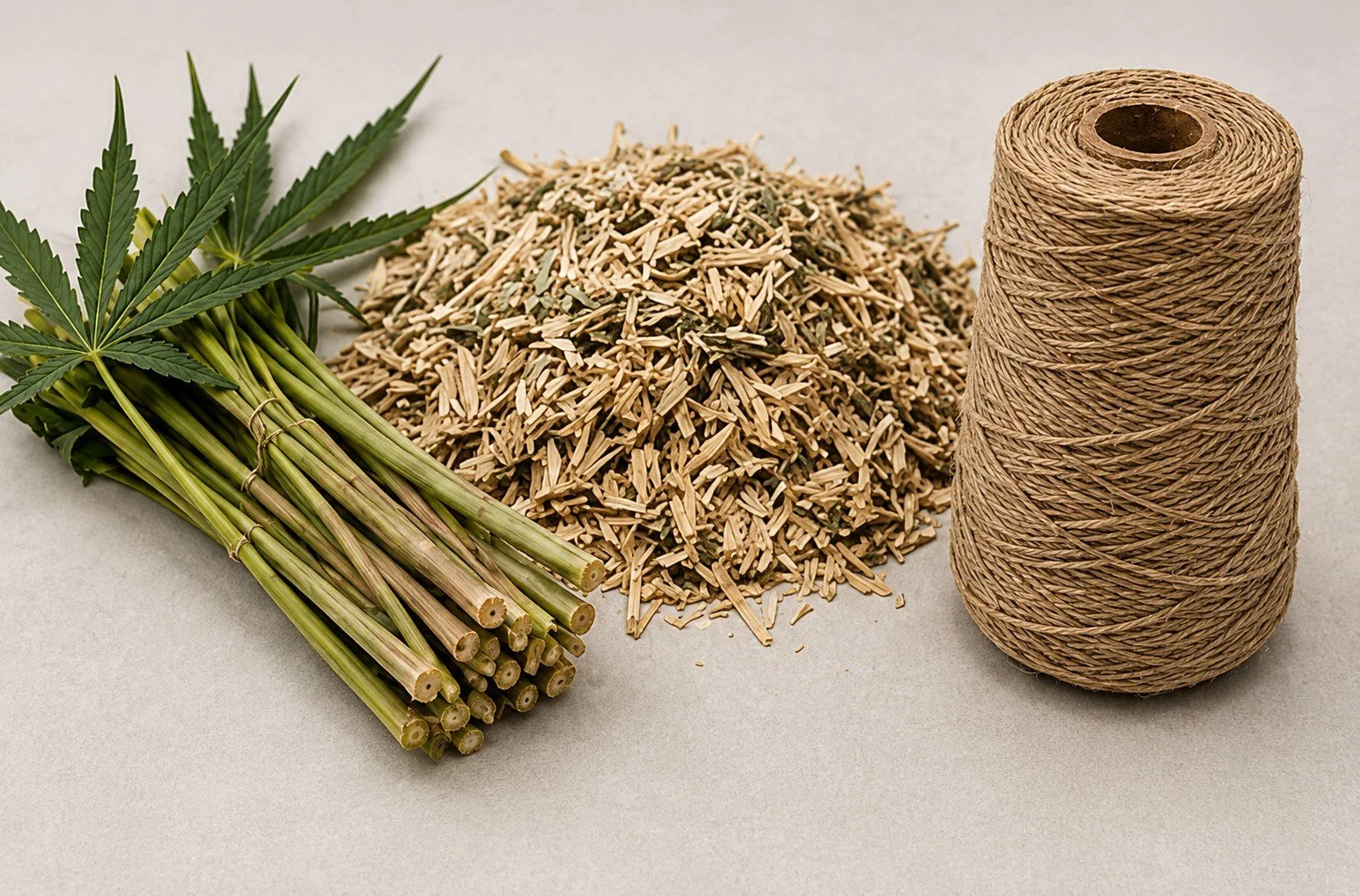 A bundle of fresh cannabis leaves and stalks, a pile of dried shredded cannabis, and a roll of twine on a plain surface.