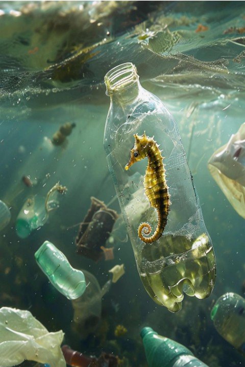 A seahorse inside a clear plastic bottle floating among underwater trash and debris.