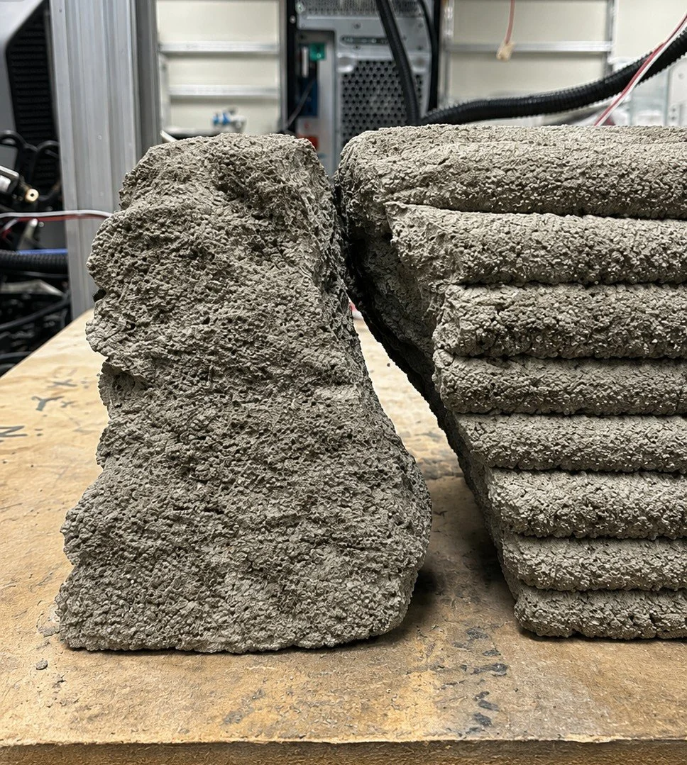 A close-up of a pile of rough, gray concrete blocks on a wooden work surface in a workshop or industrial setting.