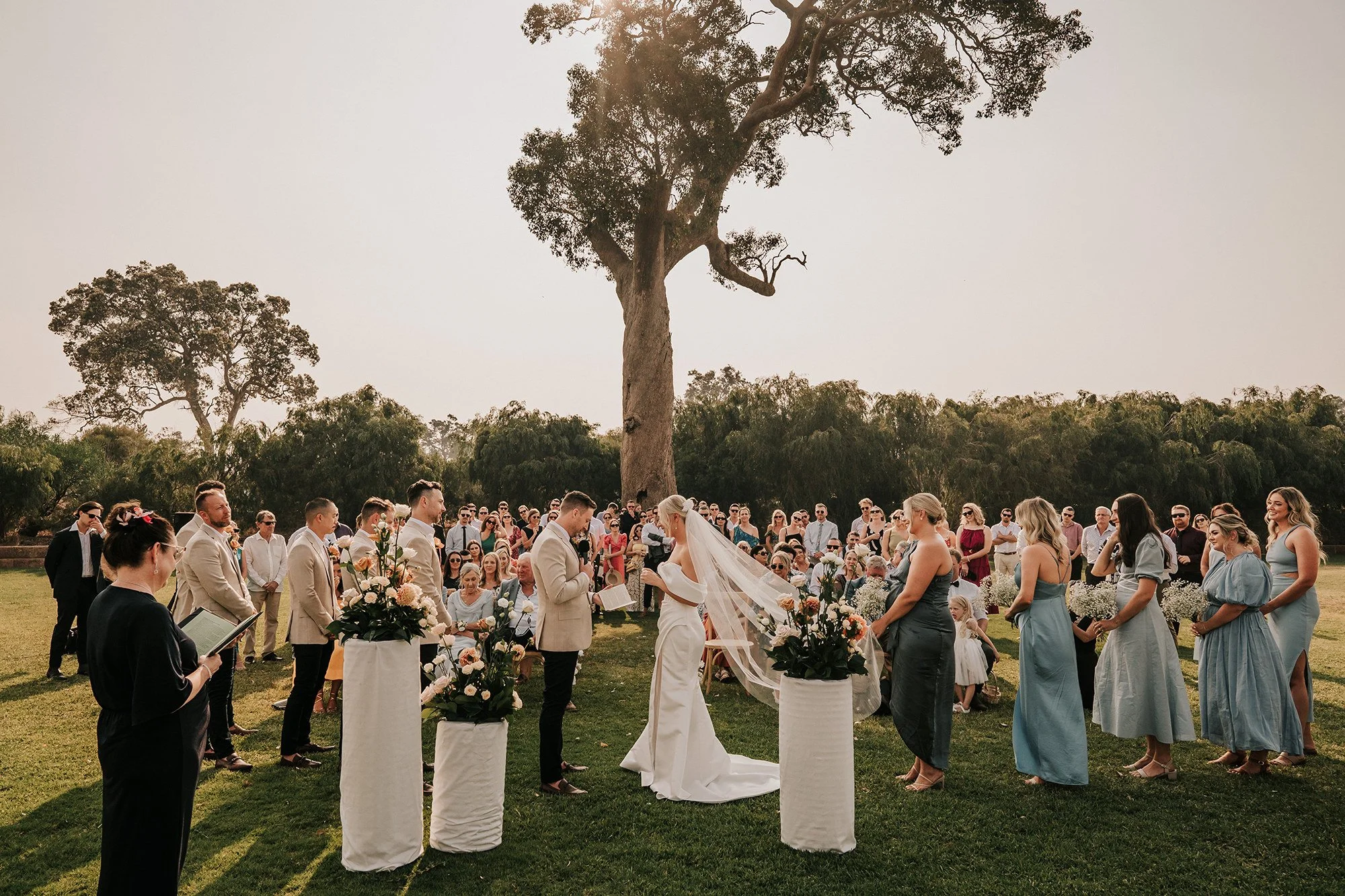 Outdoor wedding ceremony with a bride and groom facing each other, holding hands, surrounded by standing guests and bridesmaids, under a large tree with a clear sky.